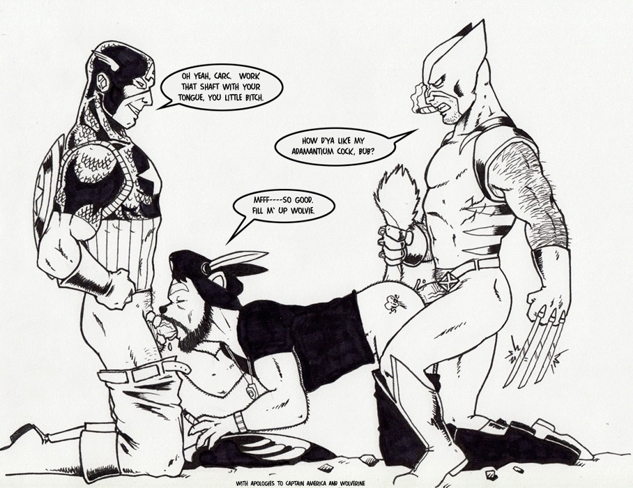 anal anal_penetration athletic beard belt beret bodysuit boots bottomwear bottomwear_down bracelet captain_america carc cigar claws clothed clothing comic dialogue double_penetration e621 english_text erection facial_hair fellatio footwear genitals gloves group group_sex handwear hat headgear headwear human jewelry male male/male male_penetrated male_penetrating male_penetrating_male mammal marvel monochrome muscular muscular_male mustache mustelid oral oral_penetration pants pants_down partially_clothed penetration penile penis profanity scales sex shield shirt shoes skinsuit smoke smoking spitroast stripes tail text threesome tight_clothing topwear trio unknown_artist western_comics_(style) wolverine_(marvel) x-men