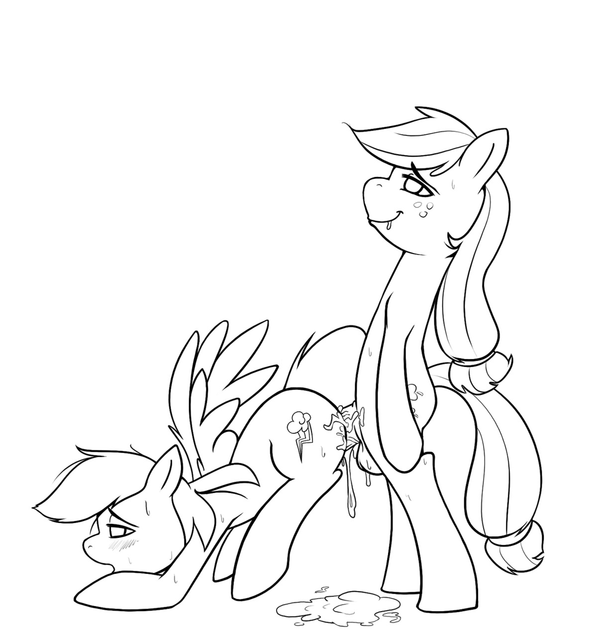 2013 applejack_(mlp) balls black_and_white blush bodily_fluids chromapan cum cum_on_balls cutie_mark digital_drawing_(artwork) digital_media_(artwork) duo e621 earth_pony equid equine erection feathered_wings feathers female feral freckles friendship_is_magic genital_fluids genitals gynomorph gynomorph/female hair half-closed_eyes hasbro hi_res horse intersex intersex/female line_art long_hair mammal monochrome my_little_pony mythological_creature mythological_equine mythology narrowed_eyes nude pegasus penis pony rainbow_dash_(mlp) sex side_view standing sweat wings