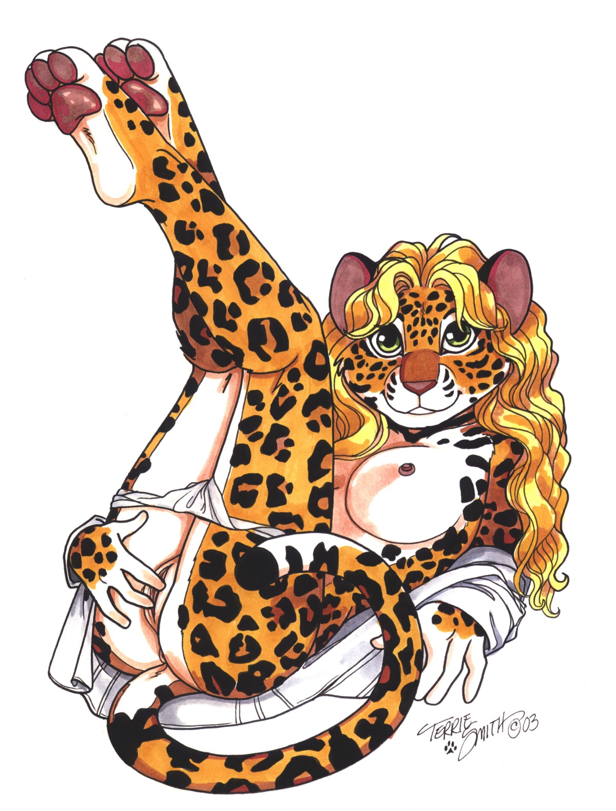 2003 4_toes absurd_res anthro anus barefoot biped blonde_hair bottomwear breasts butt clothed clothing digitigrade e621 feet felid female genitals hair hi_res hindpaw humanoid_feet jaguar legs_up looking_at_viewer lying mammal nipples on_back pantherine panties pawpads paws pinup plantigrade pose presenting signature simple_background skirt soles solo tail tail_anus terrie_smith toes traditional_media_(artwork) underwear undressing upskirt vulva white_background