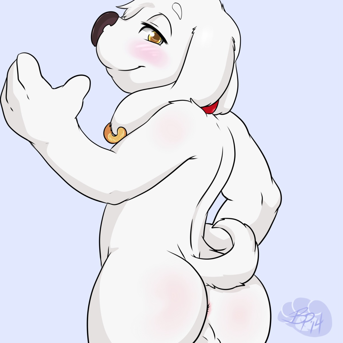 1:1 2014 anthro anus bluepawpanda blush butt canid canine canis collar domestic_dog e621 ear_piercing family_guy grey_background half-closed_eyes hi_res jasper_(family_guy) looking_at_viewer male mammal narrowed_eyes nude piercing pose shaded simple_background smile solo