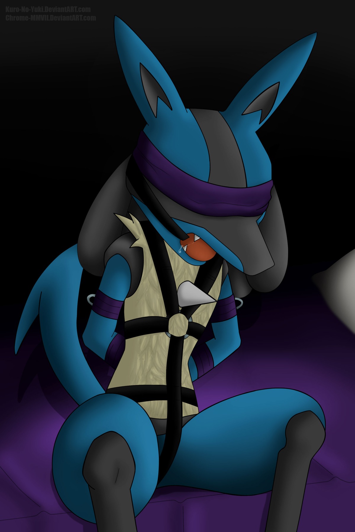 2014 2:3 absurd_res anthro ball_gag bdsm bed biped blindfold blue_body blue_fur bodily_fluids bondage bound canid canine cuff_(restraint) e621 featureless_crotch fur furniture gag gagged generation_4_pokemon hands_behind_back harness hi_res imminent_rape imminent_sex kuro-no-yuki leather lucario male mammal nintendo petplay pillow pokemon pokemon_(species) restraints ring roleplay saliva shackles sitting slave solo spikes submissive submissive_male tail teeth