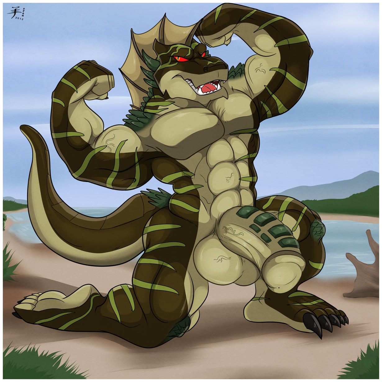 1:1 2012 aaron_(artist) abs anthro balls bear-paws biceps big_balls big_muscles big_penis biped border claws cloud detailed_background digital_media_(artwork) e621 erection everquest fangs flexing foreskin genitals glans green_body green_skin hi_res horn huge_muscles huge_penis humanoid_genitalia humanoid_penis iksar kneeling male markings muscular muscular_anthro muscular_male nude open_mouth outside pecs penis pose presenting red_eyes reptile sand scales scalie sea sky solo stripes tail teeth thick_penis toe_claws tongue unktehila vein veiny_balls water white_border
