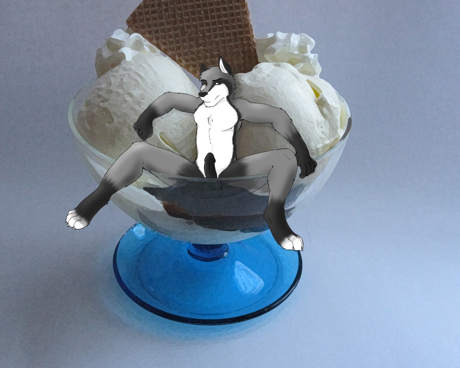 2009 5:4 anthro black_body black_fur black_penis candy canid canine chocolate dessert e621 erection food fur genitals grey_body grey_fur hi_res ice_cream katai male mammal micro multicolored_body multicolored_fur nude penis pose smile solo white_body white_fur