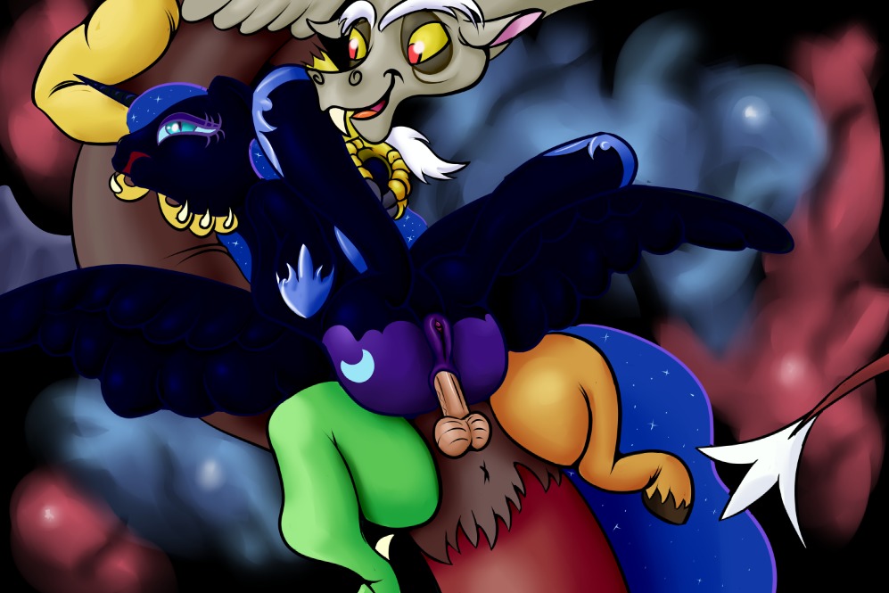 2012 anal anal_penetration antlers anus black_body black_feathers blue_eyes blue_hair chimera colored cutie_mark discord_(mlp) draconequus duo e621 equid equine erection feathered_wings feathers female female_penetrated feral friendship_is_magic genitals hair hasbro horn interspecies male male/female male_penetrating male_penetrating_female mammal my_little_pony mythological_creature mythological_equine mythology nightmare_moon_(mlp) nude penetration penis ragingsemi red_eyes sex tail vulva winged_unicorn wings