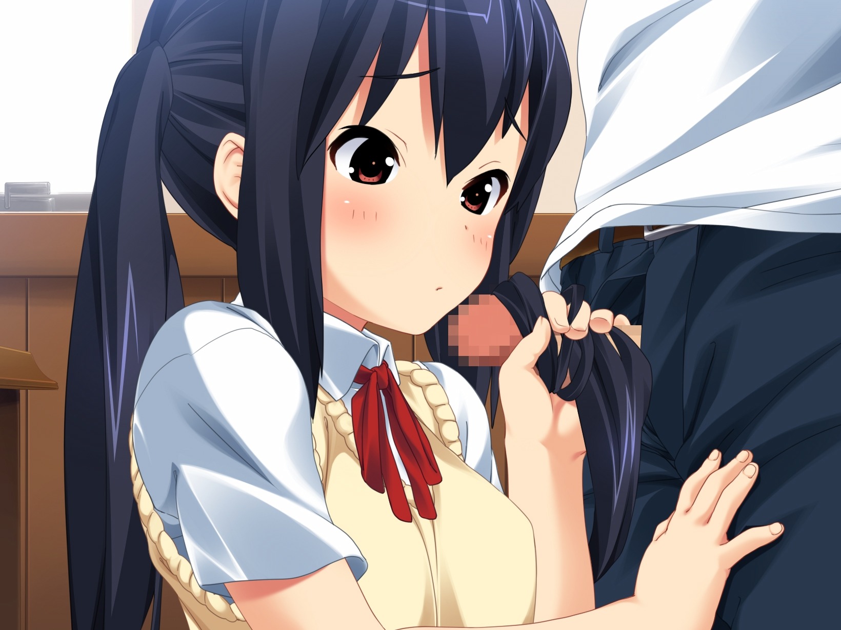 1boy 1girls azusa_nakano_(k-on!) censored female human human_only k-on! male penis rule34 seifuku straight