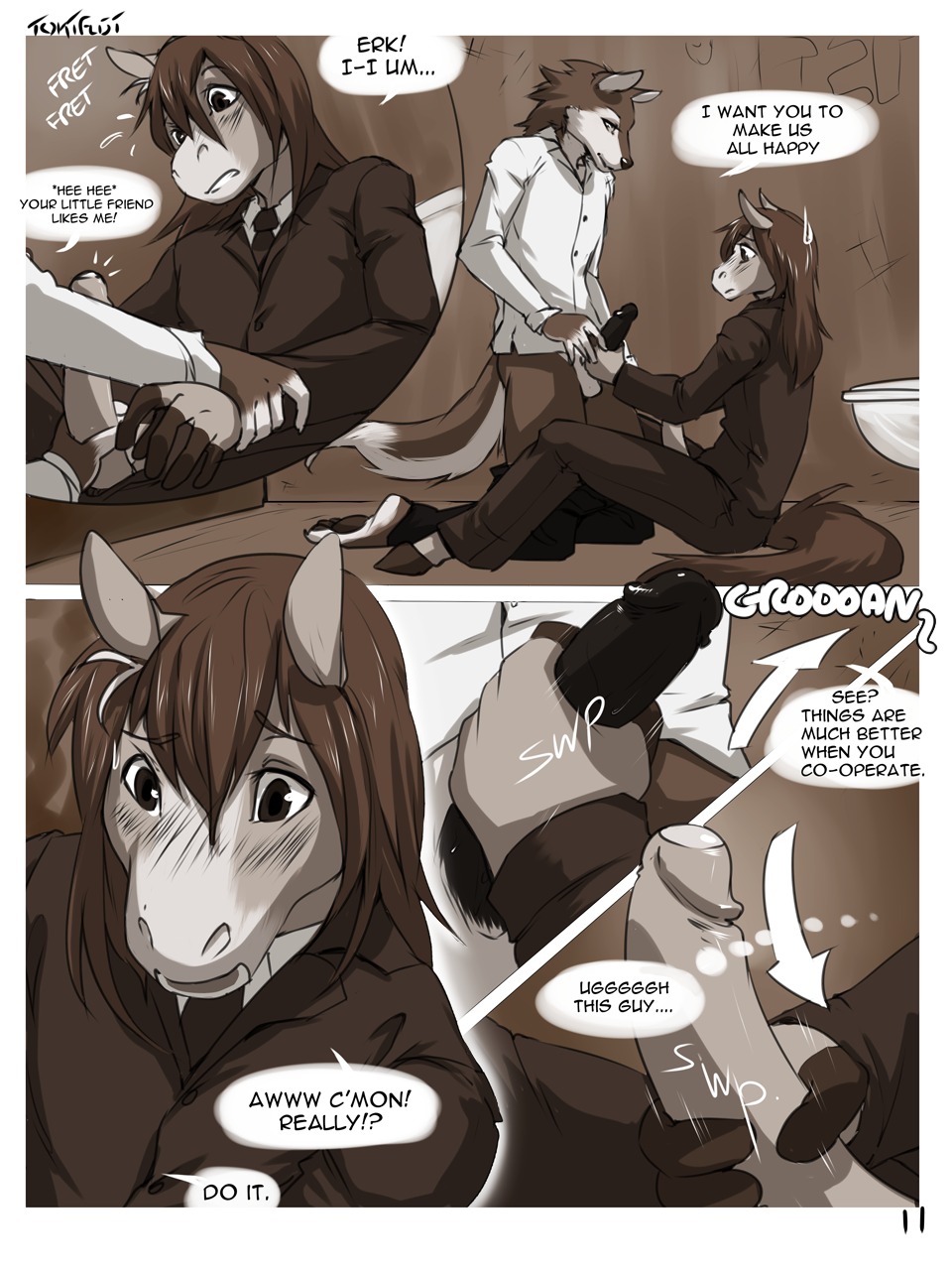 3:4 anthro bathroom blush canid canine canis comic dialogue duo e621 english_text equid equine erection femboy foreskin gavin_(tokifuji) genitals handjob hi_res horse humanoid_genitalia humanoid_penis male male/male mammal monochrome multiple_scenes partially_retracted_foreskin penile penis public_restroom reggie_(tokifuji) restroom_stall retracted_foreskin sex tail text tokifuji wolf