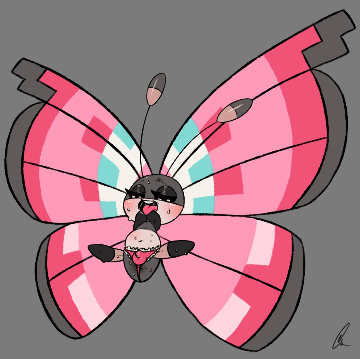 anus arthropod arthropod_abdomen arthropod_abdomen_anus blush bodily_fluids bulge clothed clothing crossdressing e621 femboy generation_6_pokemon genitals grey_background hi_res insect insect_wings lepidopteran male meadow_vivillon nintendo open_mouth panties penis pokemon pokemon_(species) semi-anthro simple_background solo spread_legs spreading sweat teeth tongue underwear vivillon wings zeeman