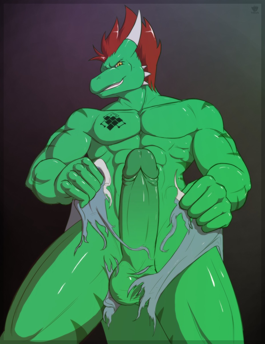 abs anthro athletic balls biceps big_penis biped clothing e621 epsilon88 erection genitals gradient_background green_balls green_body green_penis green_scales green_skin grin hair hi_res horn humanoid_genitalia humanoid_penis lizard looking_at_viewer looking_down low-angle_view male muscular muscular_anthro nude pecs penis pupils red_hair reptile ripping scales scalie simple_background slit_pupils smile solo stripes tattoo torn_clothing tridark yellow_eyes