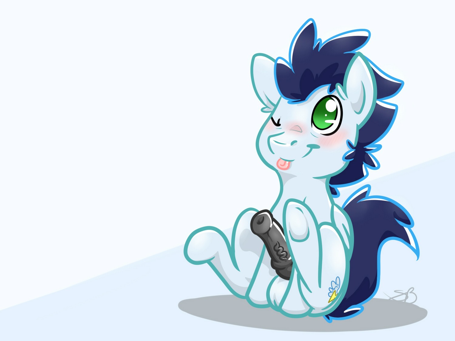 4:3 backsash balls blue_body blue_feathers blue_fur blue_hair blush cutie_mark e621 equid equine erection feathered_wings feathers feral friendship_is_magic fur genitals green_eyes hair hasbro hi_res male mammal multicolored_hair my_little_pony mythological_creature mythological_equine mythology pegasus penis simple_background smile soarin_(mlp) solo tongue tongue_out wings wonderbolts_(mlp)
