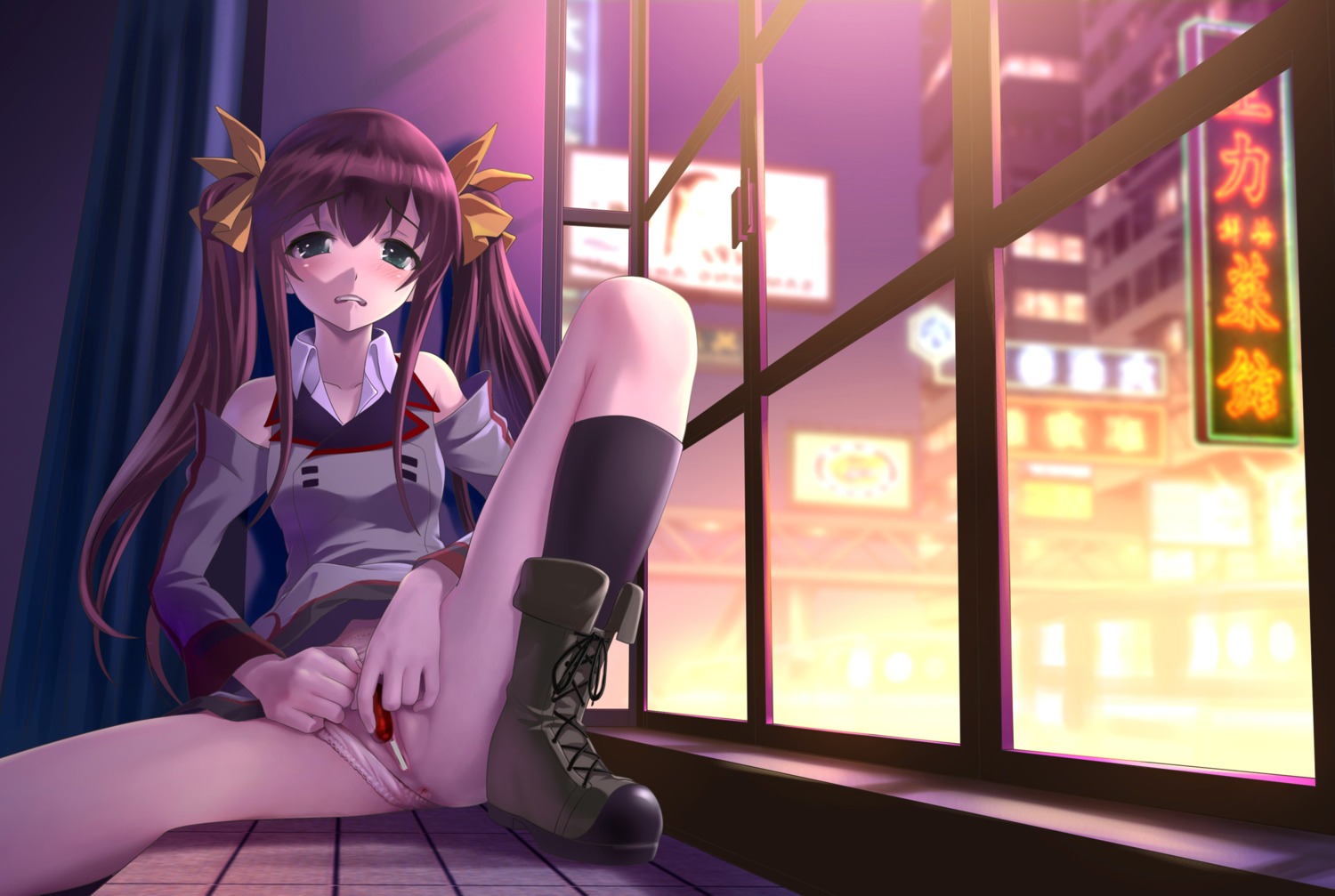 anus bare_shoulders black_legwear black_socks blush boots brown_hair censor_bar censored cross-laced_footwear denhijou_niki egg_vibrator female green_eyes highres huang_lingyin human infinite_stratos knee_socks kneehighs kneesocks long_hair looking_at_viewer masturbation nightscape panties panties_aside pussy railing rule34 school_uniform sitting skirt skirt_lift socks solo spread_legs tied_hair twintails underwear vibrator vibrator_egg window