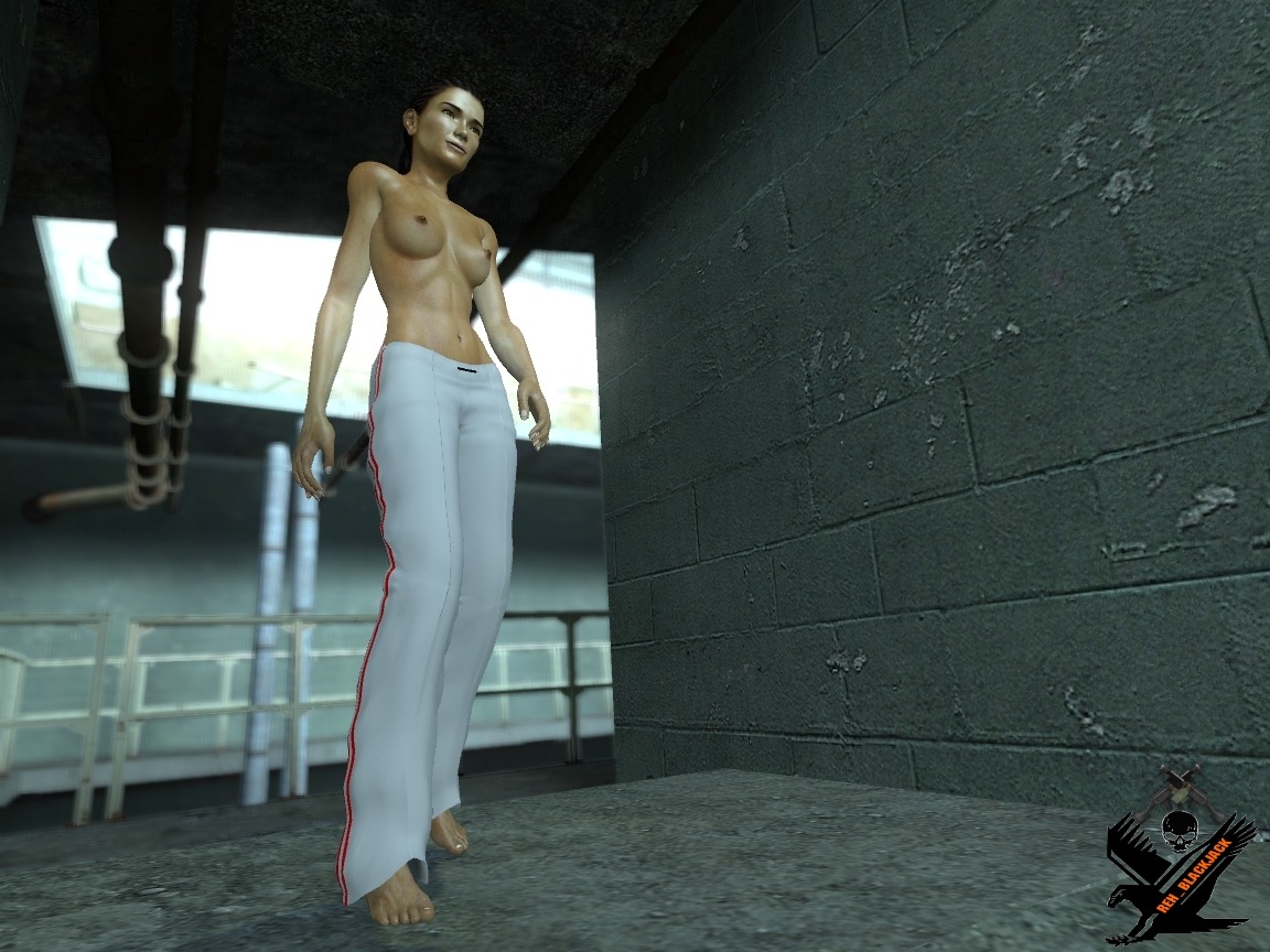1girls 3d alyx_vance barefoot black_hair breasts casual dark_skin female female_only garry's_mod half-life_(series) half-life_2 human human_female human_only nipples no_bra reh_blackjack rule34 solo standing sweatpants tagme topless trousers