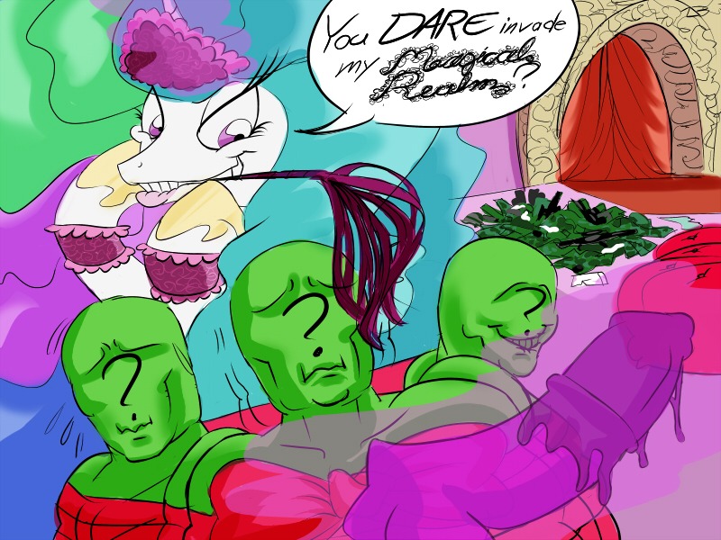 2014 4:3 animal_dildo animal_genitalia animal_sex_toy anonymous bound clothing dialogue digital_media_(artwork) dildo e621 english_text equid equine_dildo female friendship_is_magic fur genitals glowing group hair hasbro human levitation lube magic male mammal multicolored_hair my_little_pony princess_celestia_(mlp) purple_eyes question_mark ribbons riding_crop sex_toy teeth text whip white_body white_fur zoomerboomerz