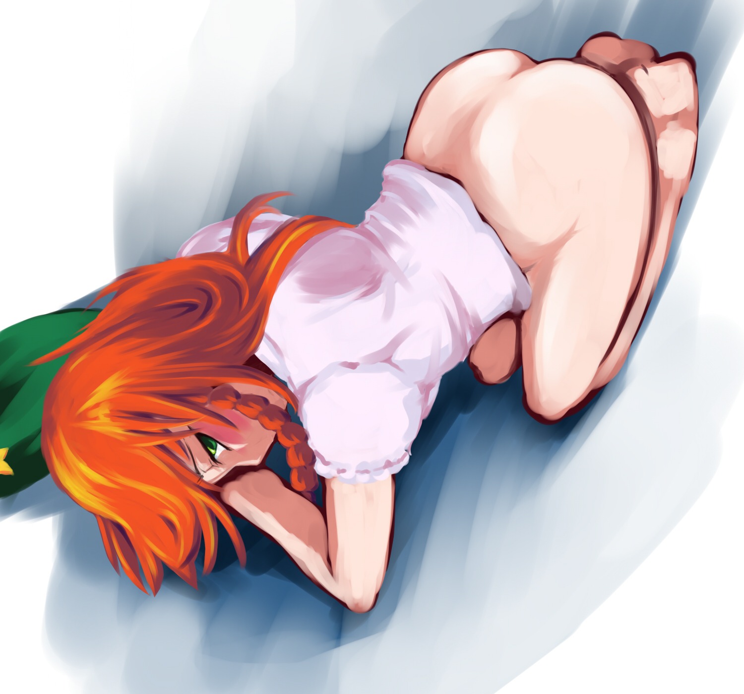 barefoot bottomless braid female green_eyes hat highres hong_meiling long_hair red_hair rule34 tenkasu_(murazaki) tenkasu_(pixiv) the_embodiment_of_scarlet_devil touhou