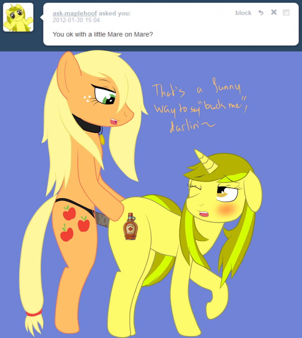 anthro applejack_(mlp) blonde_hair blue_background blush collar cutie_mark dialog earth_pony english_text equine eye_contact eyelashes female female_only feral flat_colors freckles friendship_is_magic fur furry_ears horn horse insertion long_hair looking_at_another looking_back multiple_females my_little_pony mythological_creature mythological_equine mythology nude olive_hair open_mouth orange_fur pointy_ears pony rule34 side_view standing strap-on strapon tail text unicorn wink yellow_fur yuri