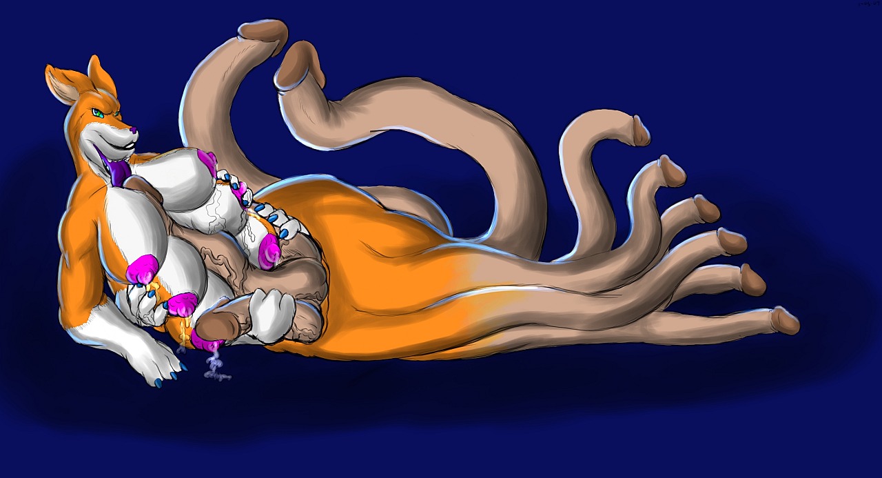 6_arms 6_breasts anthro bigshow bodily_fluids breasts canid canine e621 fox genitals gynomorph hyper intersex lactating mammal multi_arm multi_breast multi_genitalia multi_limb multi_mouth multi_penis nightmare_fuel nipples penis penis_tentacles solo tentacles what what_has_science_done