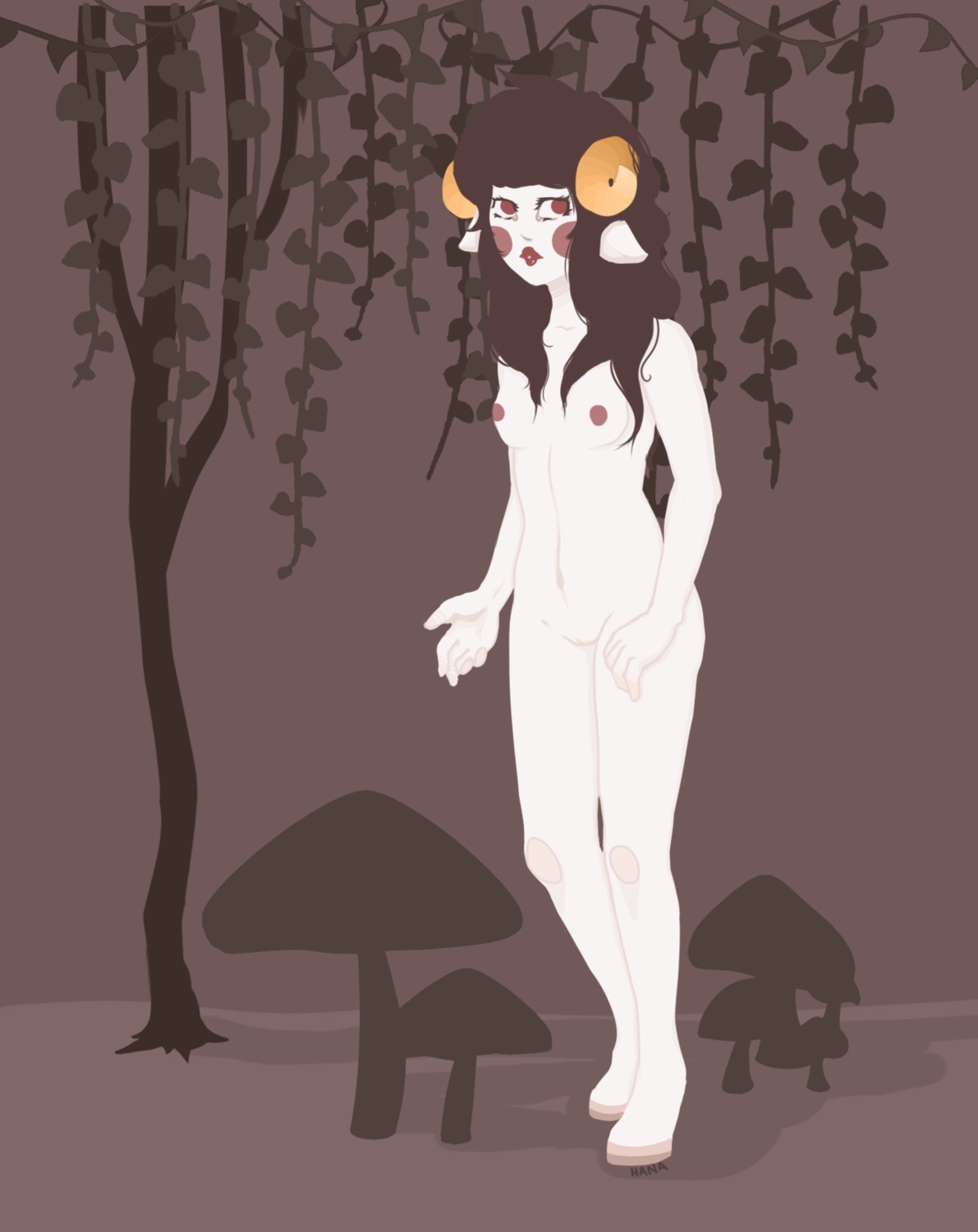 1girls aradia_megido ass black_hair blush breasts female hana homestuck horns long_hair ms_paint_adventures mushroom naked nipples pointy_ears public pussy red_eyes red_lips red_nails rule34 small_breasts solo source_request tree troll white_skin