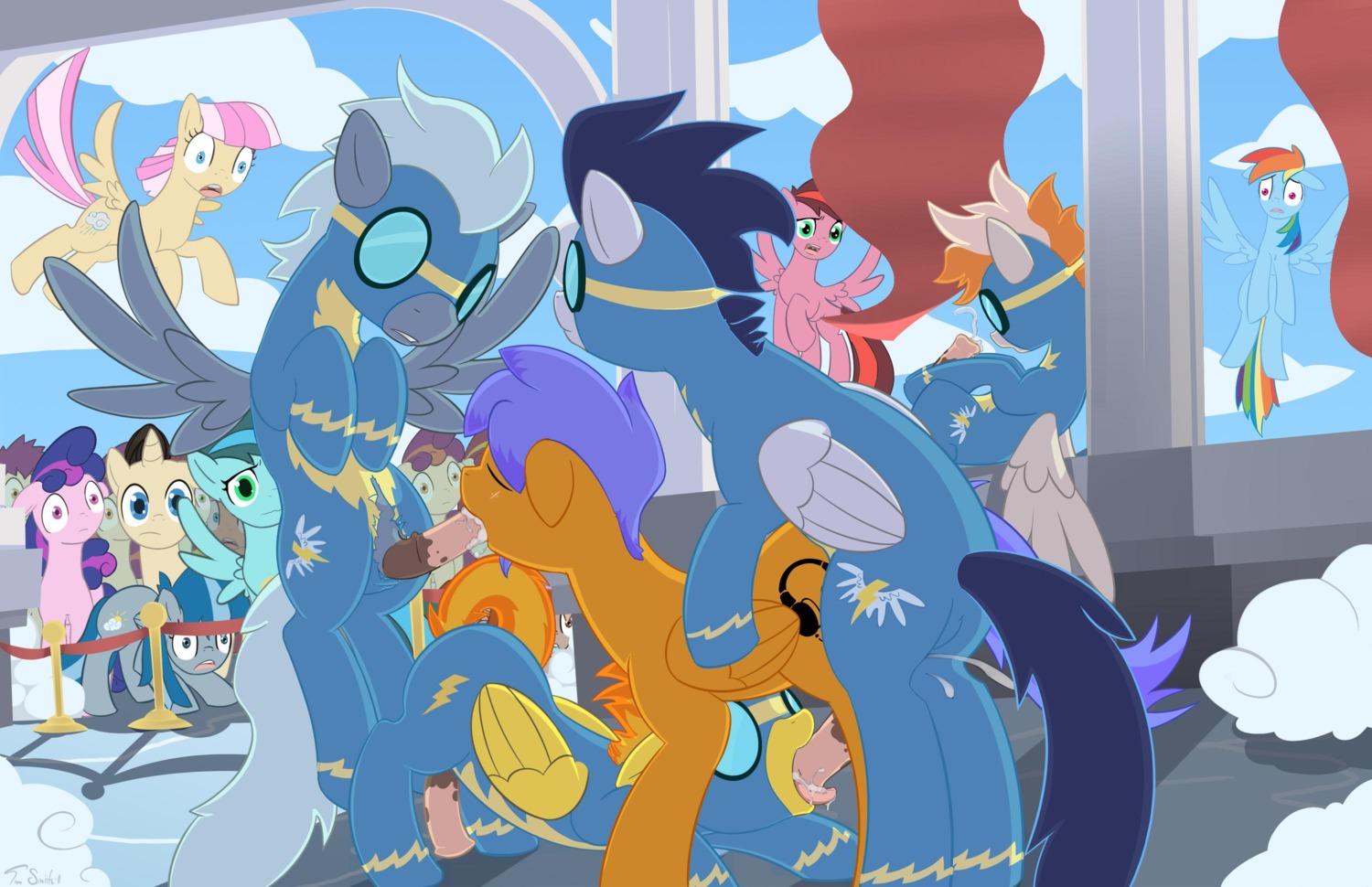 all_fours anal anal_penetration animal_genitalia animal_penis being_watched blue_body blue_feathers blue_fur blush bodily_fluids clothing conditional_dnp costume cum cum_in_mouth cum_inside cutie_mark doggystyle e621 equid equine equine_genitalia equine_penis erection eyewear feathered_wings feathers fellatio feral firestreak_(mlp) fleetfoot_(mlp) foursome friendship_is_magic from_behind_position fur genital_fluids genitals goggles group group_sex gynomorph hair hasbro hi_res horn insomniacovrlrd intersex intraspecies looking_at_another male male/male male_penetrated male_penetrating male_penetrating_male mammal masturbation multicolored_hair my_little_pony mythological_creature mythological_equine mythology oral oral_penetration pegasus penetration penile penile_masturbation penis quadruped rainbow_dash_(mlp) rainbow_hair sex soarin_(mlp) spitfire_(mlp) tail third-party_edit unicorn voyeur wings wonderbolts_(mlp)