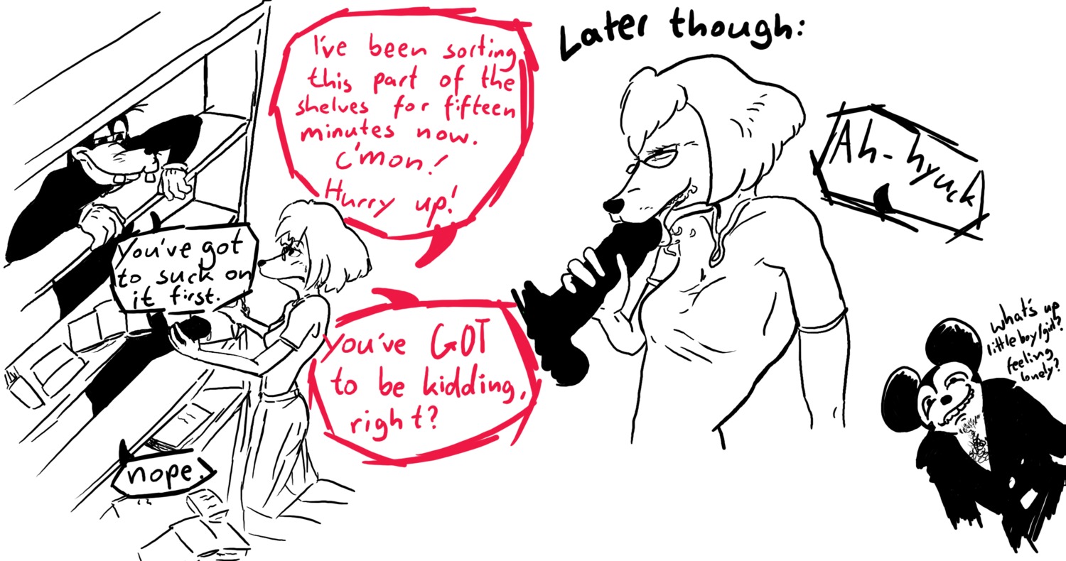 an_extremely_goofy_movie anthro canine dialogue disney domestic_dog english_text female goof_troop goofy goofy_(disney) imaajfpstnfo male mickey_mouse mickey_mouse_&amp;_friends monochrome mouse penis rodent rule34 sketch speech_bubble sylvia_marpole text white_background