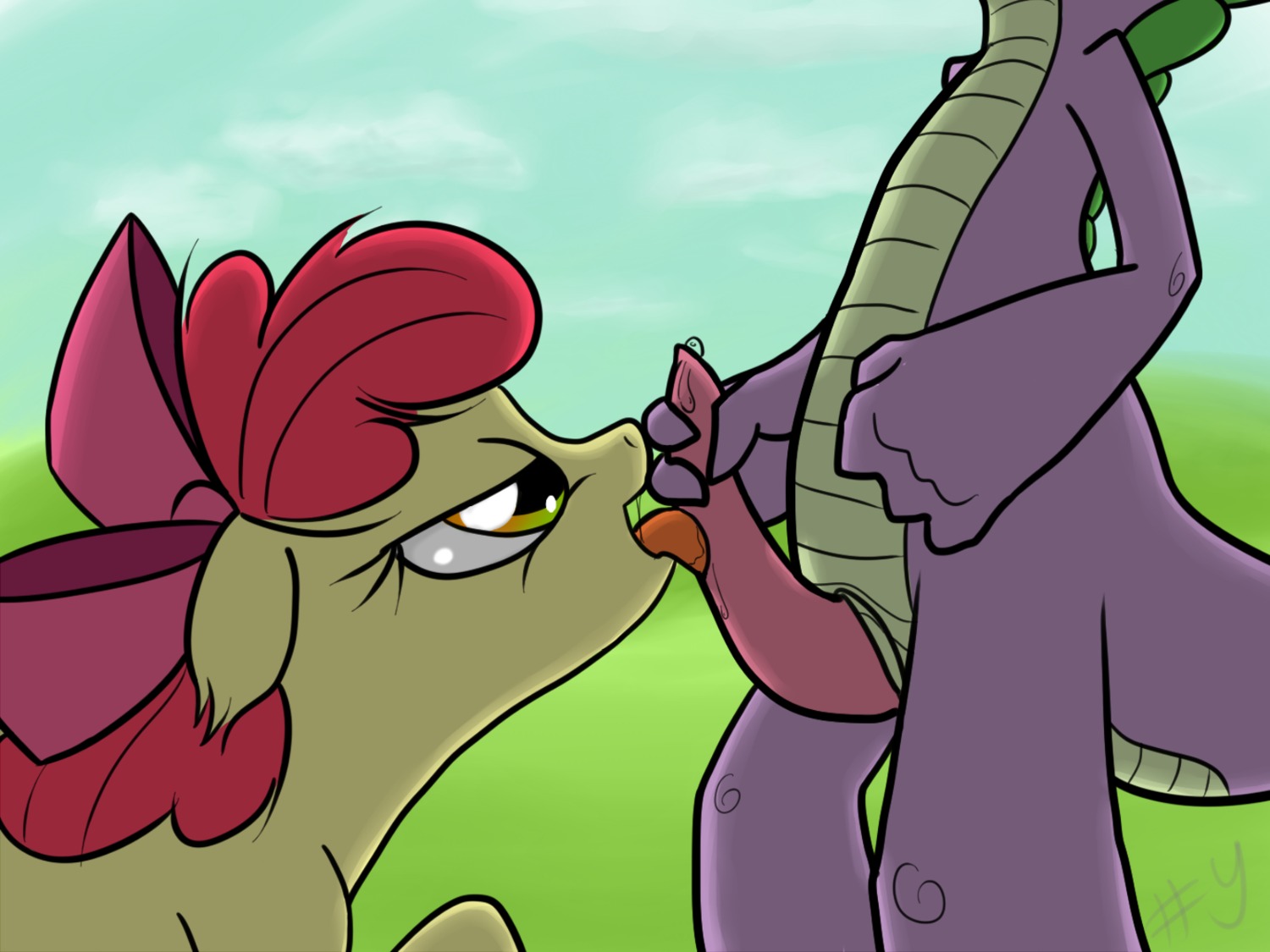 2012 4:3 amber_eyes anthro apple_bloom_(mlp) bodily_fluids dragon duo e621 equid equine erection fellatio female friendship_is_magic genital_fluids genitals hair hasbro hi_res horse interspecies licking male male/female mammal my_little_pony mythological_creature mythological_scalie mythology oral penile penis penis_lick pony precum red_hair scalie sex sharpy spike_(mlp) tail tongue tongue_out young young_anthro