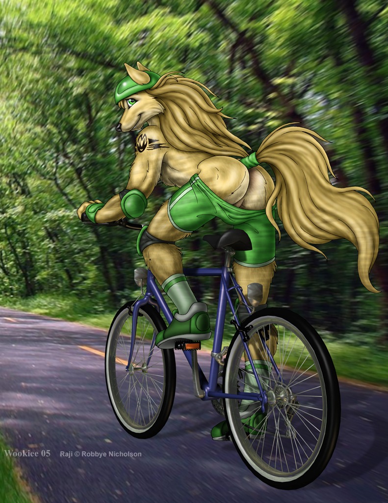 2005 anthro armor backsack balls bicycle bicycle_helmet biped black_nose blush bottomwear bottomwear_down brown_body brown_fur butt canid canine canis clothed clothing cycling e621 exposed forest fur genitals green_eyes hair headgear helmet long_hair looking_at_viewer looking_back male mammal mixed_media mooning outside pants pants_down partially_clothed photo_background photography_(artwork) plant presenting presenting_hindquarters road smile solo tail tattoo topless tree vehicle wolf wooky yellow_body yellow_fur