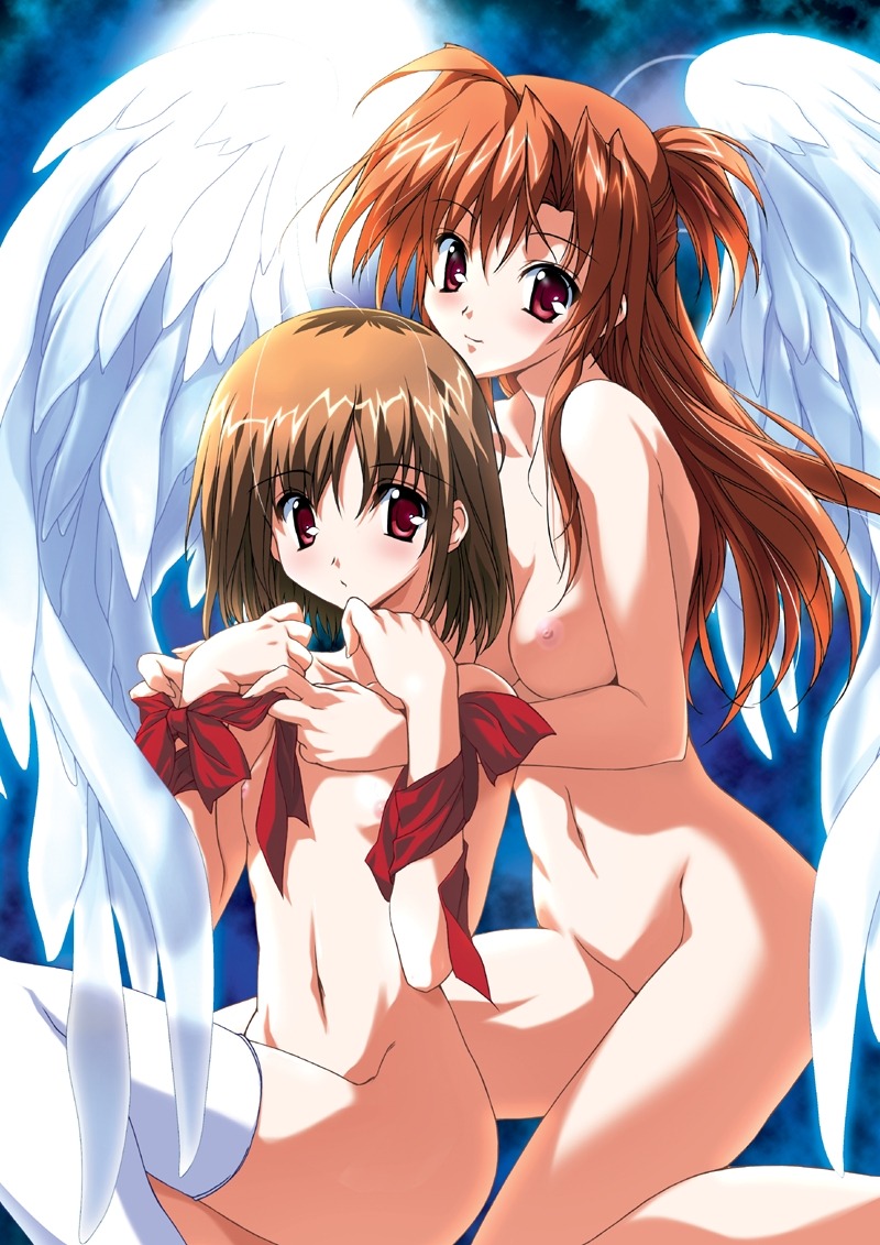 2girls angel angel_wings blush breasts brown_hair female human long_hair looking_at_viewer multiple_females multiple_girls nude red_eyes rule34 short_hair thighhighs white_legwear wings