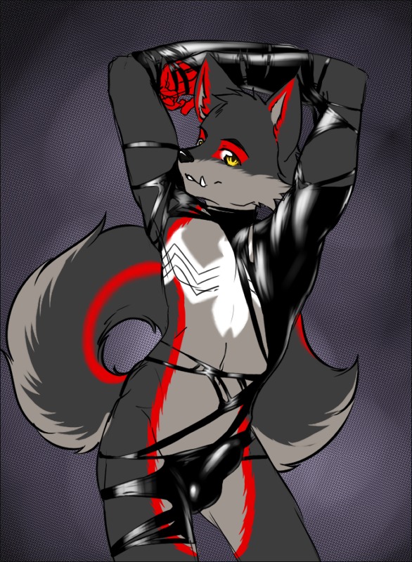 anthro bulge canid canine clothed clothing detailed_bulge e621 erection erection_under_clothing fangs front_view fur genital_outline genitals grey_body grey_fur hybrid latex looking_at_viewer male mammal markings pattern_background penis penis_outline pose simple_background solo spiderwusky symbiote tail teeth tehstupidbug yellow_eyes