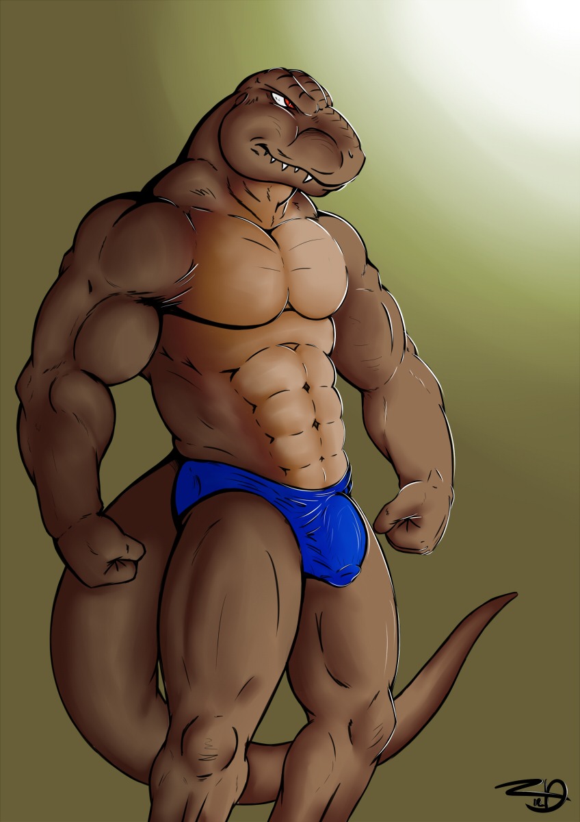 2013 abs anthro athletic biceps big_muscles biped briefs brown_background brown_body brown_skin bulge clothed clothing detailed_bulge dinosaur e621 fangs fist flexing front_view genital_outline green_background grin hairless hi_res male muscular muscular_anthro muscular_male pecs penis_outline pose prehistoric_species red_eyes reptile saurischian scales scalie sharp_teeth simple_background smile solo speedo standing swimwear tail teeth theropod topless tyrannosaurid tyrannosauroid tyrannosaurus tyrannosaurus_rex underwear xxzerkkandragonxx