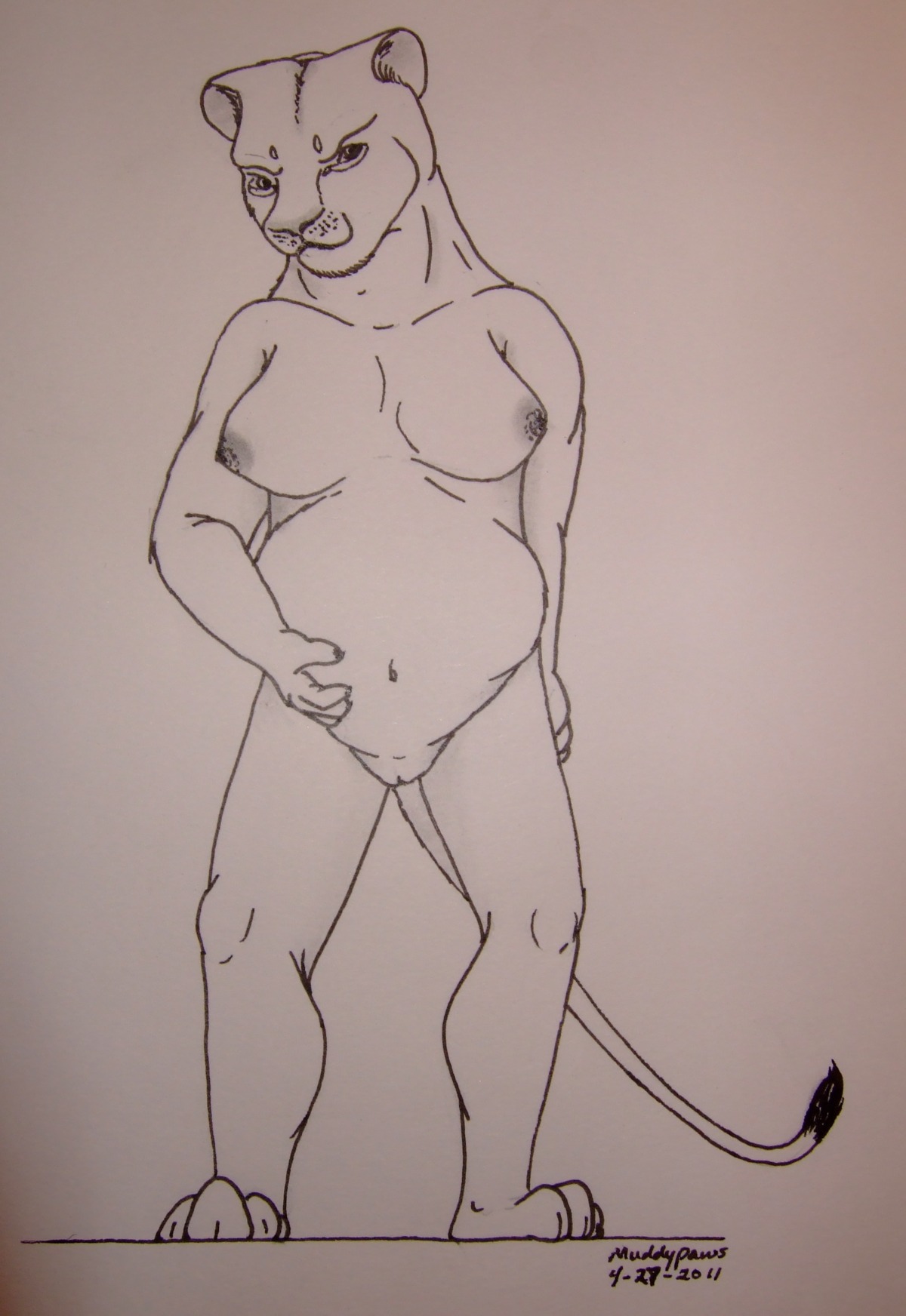 abdominal_bulge absurd_res anthro belly black_and_white breasts e621 felid female fur genitals hi_res lion mammal monochrome muddypaws nipples nude pantherine paws plantigrade simple_background solo tail vulva