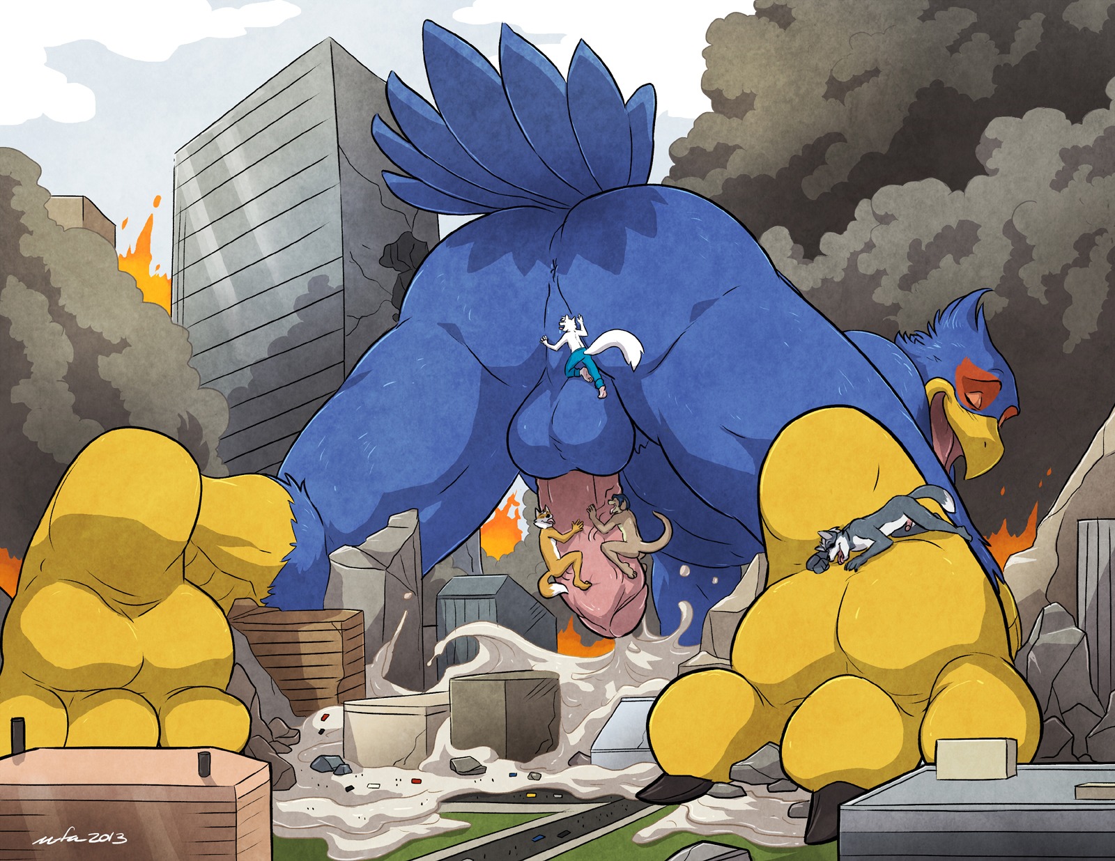 2013 3_toes all_fours ambiguous_gender anthro anus artie avian backsack balls bird blue_body blue_feathers bodily_fluids butt canid canine canis city cum destruction e621 eyes_closed falco_lombardi feathers feet fire fox fox_mccloud fur genital_fluids genitals group hi_res humanoid_genitalia humanoid_penis larger_male licking low-angle_view macro male male/ambiguous mammal messy micro mustelid nintendo nude orgasm orgasm_face otter penis peril perineum perineum_lick size_difference smaller_male smoke star_fox tail tail_feathers talons toes tongue tongue_out wfa wolf wolf_o'donnell