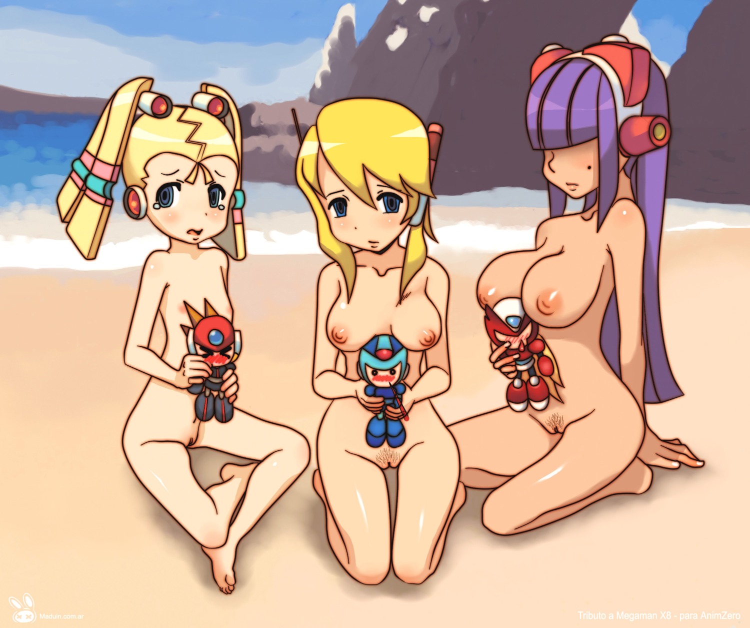 3girls alia android axl_(mega_man) beauty_mark big_breasts breasts dark_skin female female_only female_pubic_hair flat_chest kneeling layer long_hair maduin mega_man mega_man_x mole multiple_females multiple_girls nipples pallette pubic_hair puffy_nipples purple_hair pussy reploid rule34 shaved sitting tears tied_hair twintails very_long_hair x_(mega_man) zero_(mega_man)