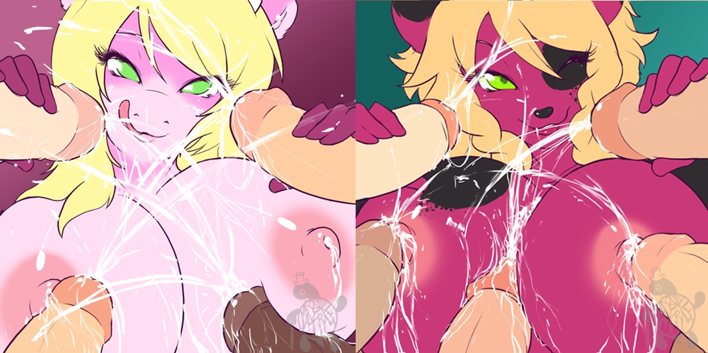 anthro big_breasts bodily_fluids bovid bovine breast_play breasts cattle cum cum_on_face domestic_cat e621 erection felid feline felis female genital_fluids genitals green_eyes group gwen_(character) huge_breasts humanoid_genitalia humanoid_penis lactating licking licking_lips madturtle male male/female mammal milk nude penis penis_everywhere ruby_(rubyluvcow) self_lick sex titfuck tongue tongue_out