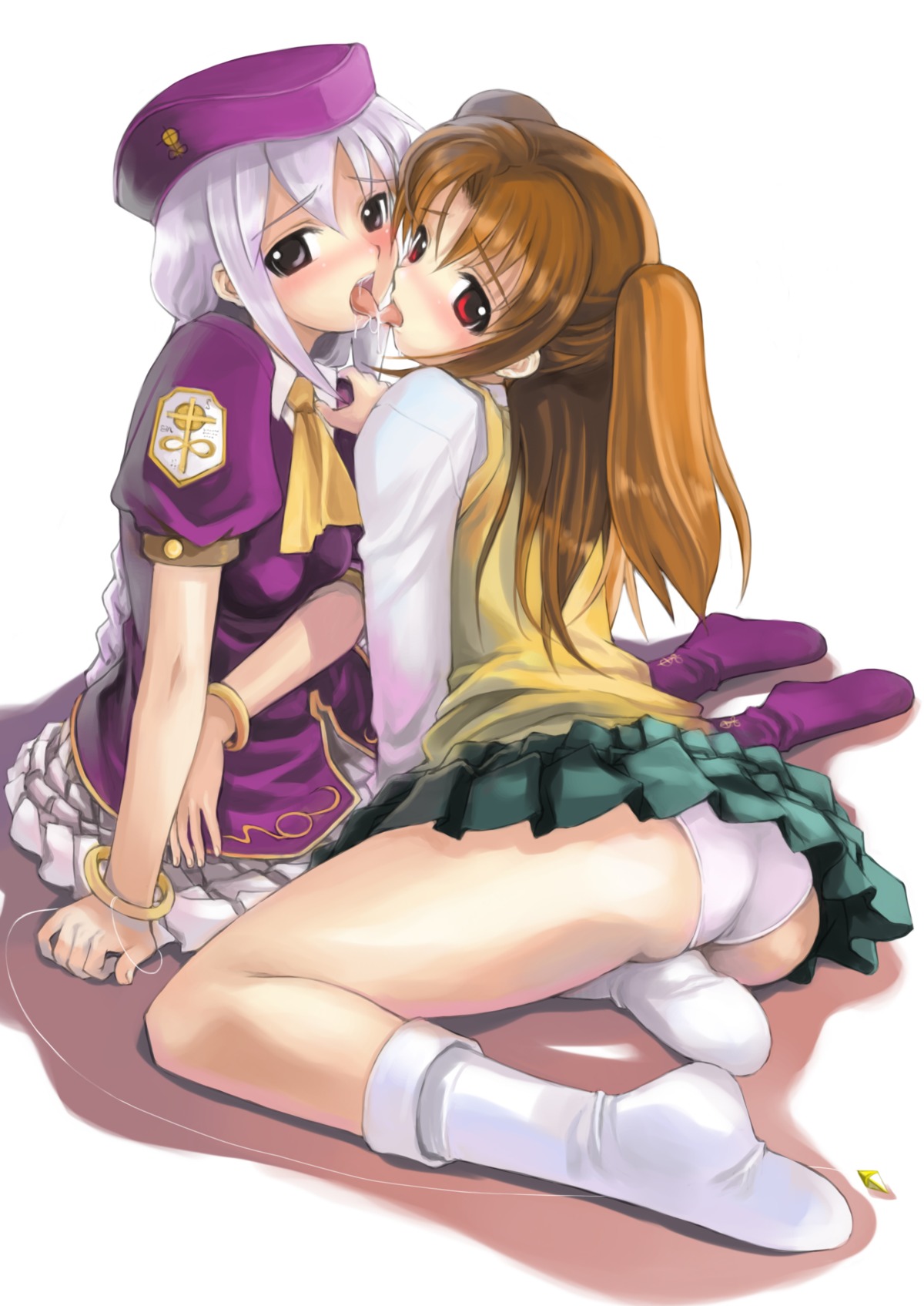 00s 2girls absurdres ass blush bobby_socks brown_hair crossover feet female female_focus french_kiss girls_kissing hand_on_another's_shoulder hat highres kiss looking_at_viewer melty_blood mikazuki_akira mikazuki_akira! multiple_females multiple_girls no_shoes panties pleated_skirt red_eyes rule34 saliva school_uniform sion_eltnam_atlasia skirt socks tongue tongue_out tri-moon! tsukihime type-moon underwear white_background white_hair white_legwear white_panties yumizuka_satsuki yuri