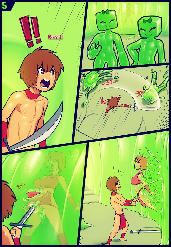 ambiguous_gender ambiguous_pred big_breasts bodily_fluids bottomwear bow_(feature) bow_tie breasts choker clothing comic dripping e621 english_text female fight genital_fluids genitals goo_creature goo_humanoid goo_transformation group human humanoid jewelry loincloth male mammal melee_weapon modeseven necklace nipples not_furry penetration sex slime smile sword text transformation translucent translucent_body vaginal vaginal_fluids vaginal_penetration violence vore vulva weapon