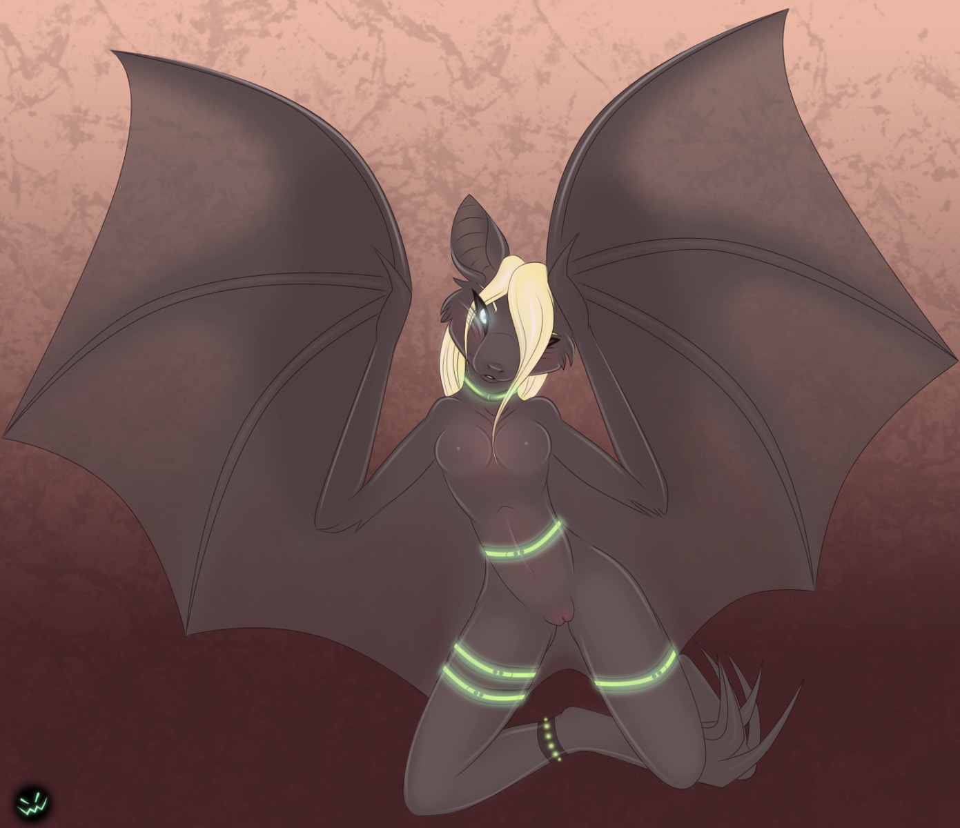 anthro bat biped blonde_hair breasts chillswitch collar e621 female genitals glowing glowing_eyes glowstick hair hair_over_eye hi_res kneeling looking_at_viewer mammal membrane_(anatomy) membranous_wings nude one_eye_obstructed solo vulva wings
