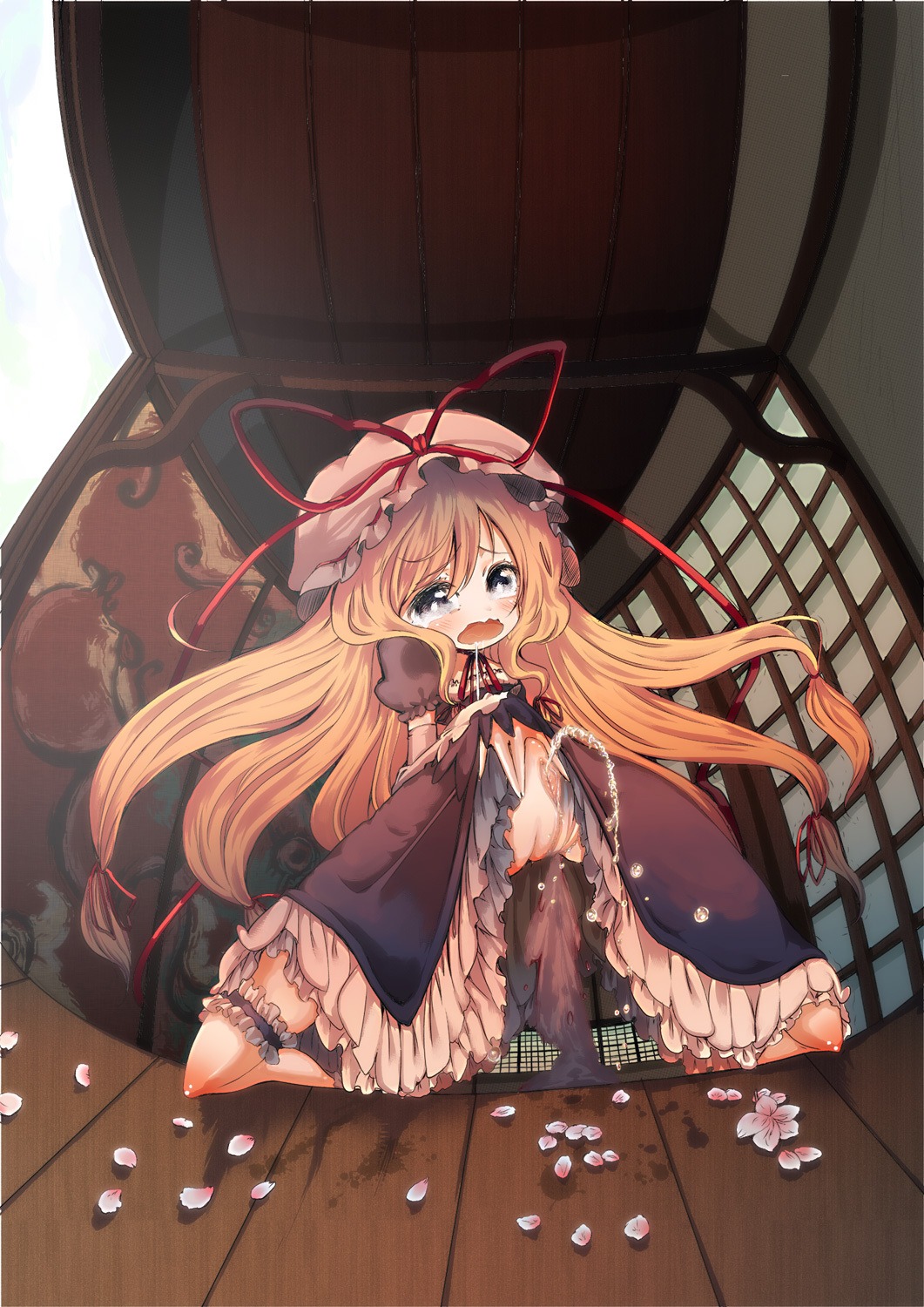 blonde_hair cream_(artist) cream_(nipakupa) dress female hat highres long_hair peeing petals pussy rule34 solo tears touhou uncensored urine yukari_yakumo