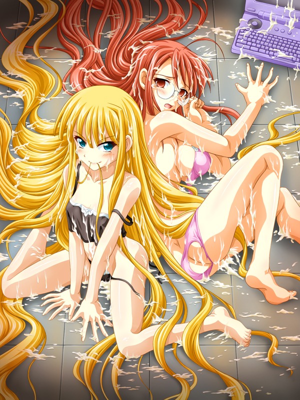 2girls ass blonde_hair blue_eyes blush bra breasts bukkake cum cum_on_ass cum_on_body cum_on_breasts cum_on_floor cum_on_hair cum_on_lower_body cum_on_upper_body evangeline_a.k._mcdowell female flat_chest glasses hair_in_mouth hasegawa_chisame large_breasts long_hair mahou_sensei_negima! majin_go! multiple_females multiple_girls orange_eyes orange_hair panties rule34 very_long_hair