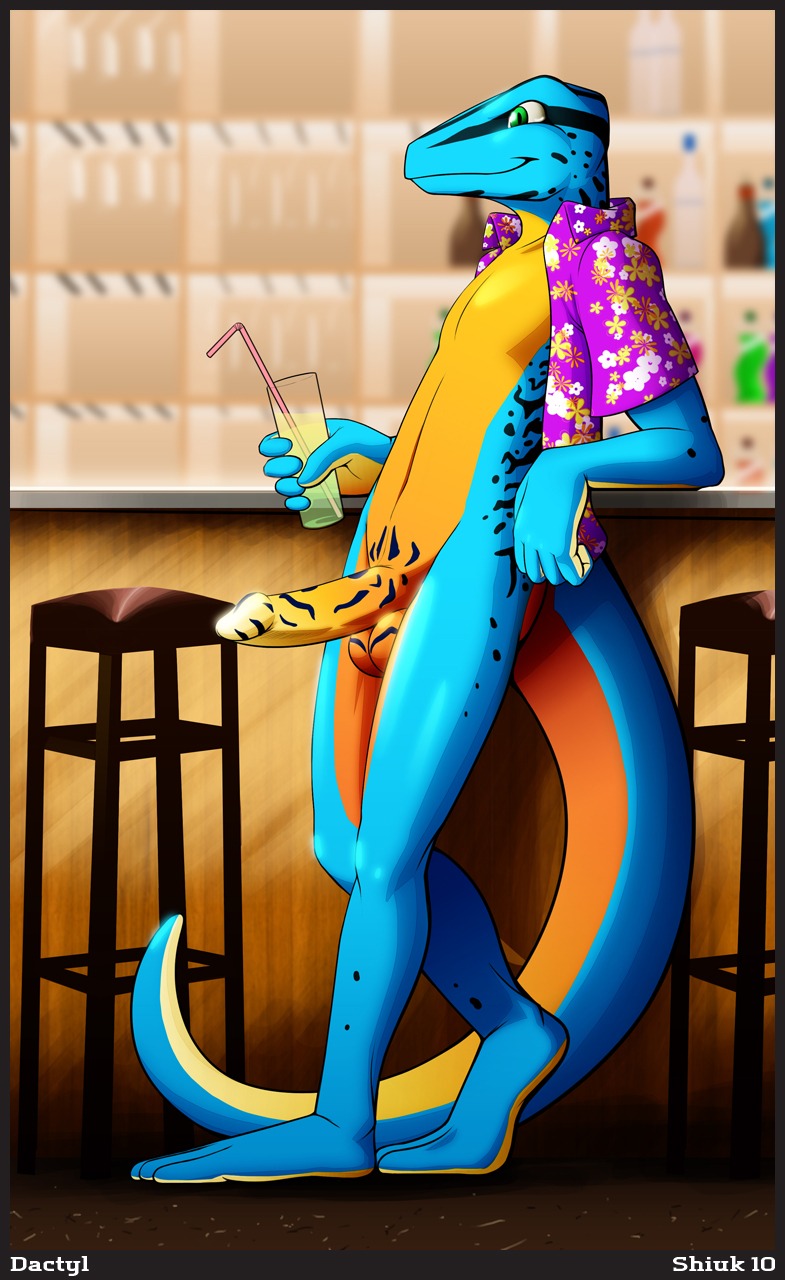 1boy 2010 anthro balls bar blue clothing erection furry green_eyes hawaiian_shirt lizard male male_only orange penis rule34 scalie shiuk solo tail