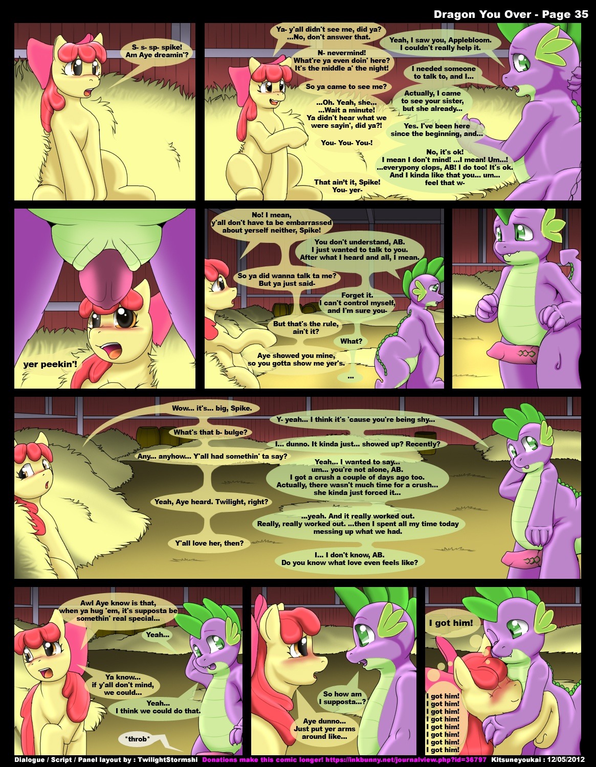 2012 amber_eyes anthro apple_bloom_(mlp) blush comic dialogue dragon duo e621 earth_pony english_text equid equine erection female feral friendship_is_magic fur genitals green_eyes hair hasbro hay hi_res horse kitsune_youkai licking male male/female mammal my_little_pony mythological_creature mythological_scalie mythology penis pony presenting purple_body red_hair scalie spike_(mlp) tail text thick_tail tongue tongue_out url yellow_body yellow_fur young young_anthro young_feral