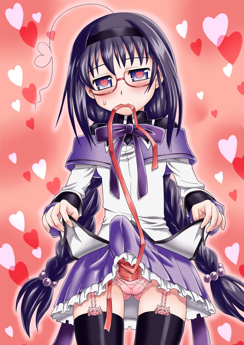 1futa ahoge akemi_homura black_hair bulge cameltail futa_only futanari garter_straps garters headband heart heart-shaped_pupils intersex mahou_shoujo_madoka_magica mouth_hold neriwasabi panties pink_panties ribbon rule34 skirt skirt_lift solo symbol-shaped_pupils thighhighs underwear