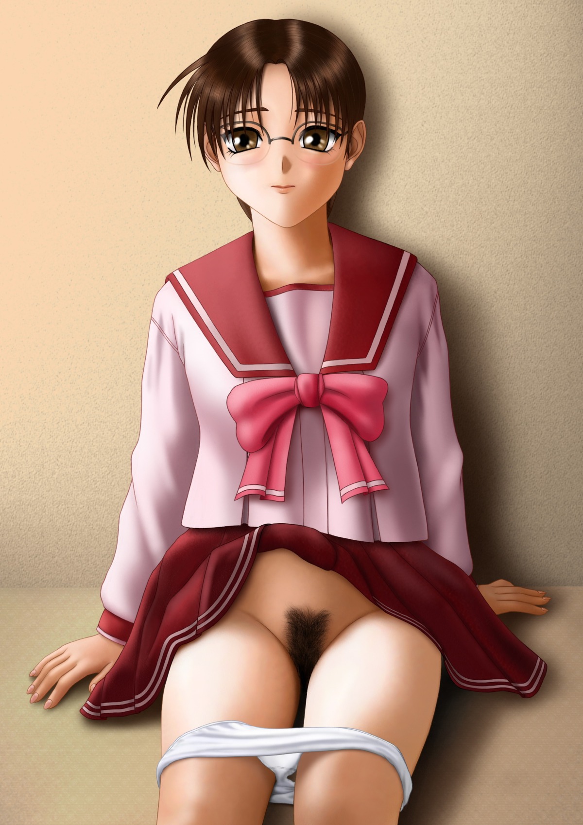 brown_eyes brown_hair clothing female glasses hoshina_tomoko megane panties panties_down pants pubic_hair raku_soukutsu rule34 school_uniform sitting skirt to_heart to_heart_(series)