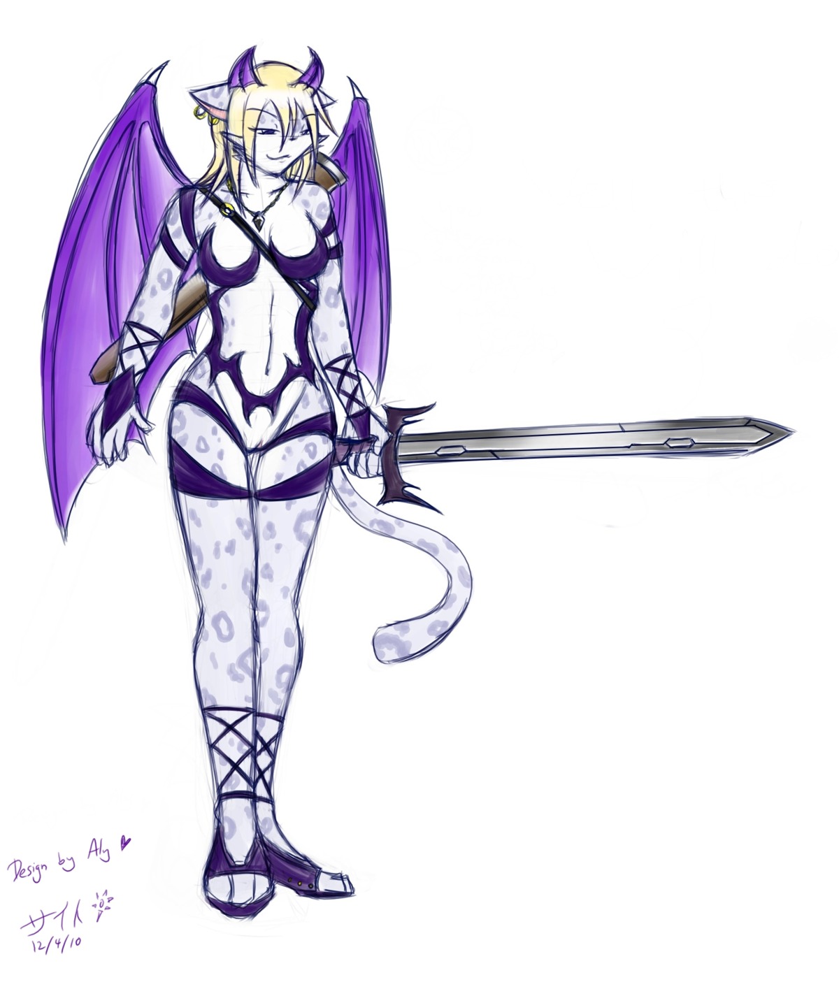 2010 alyssasuccubus anthro armor demon drawn feline female fur furry hi_res katsuke kita piercing pussy rule34 snow_leopard solo spots succubus sword weapon wings