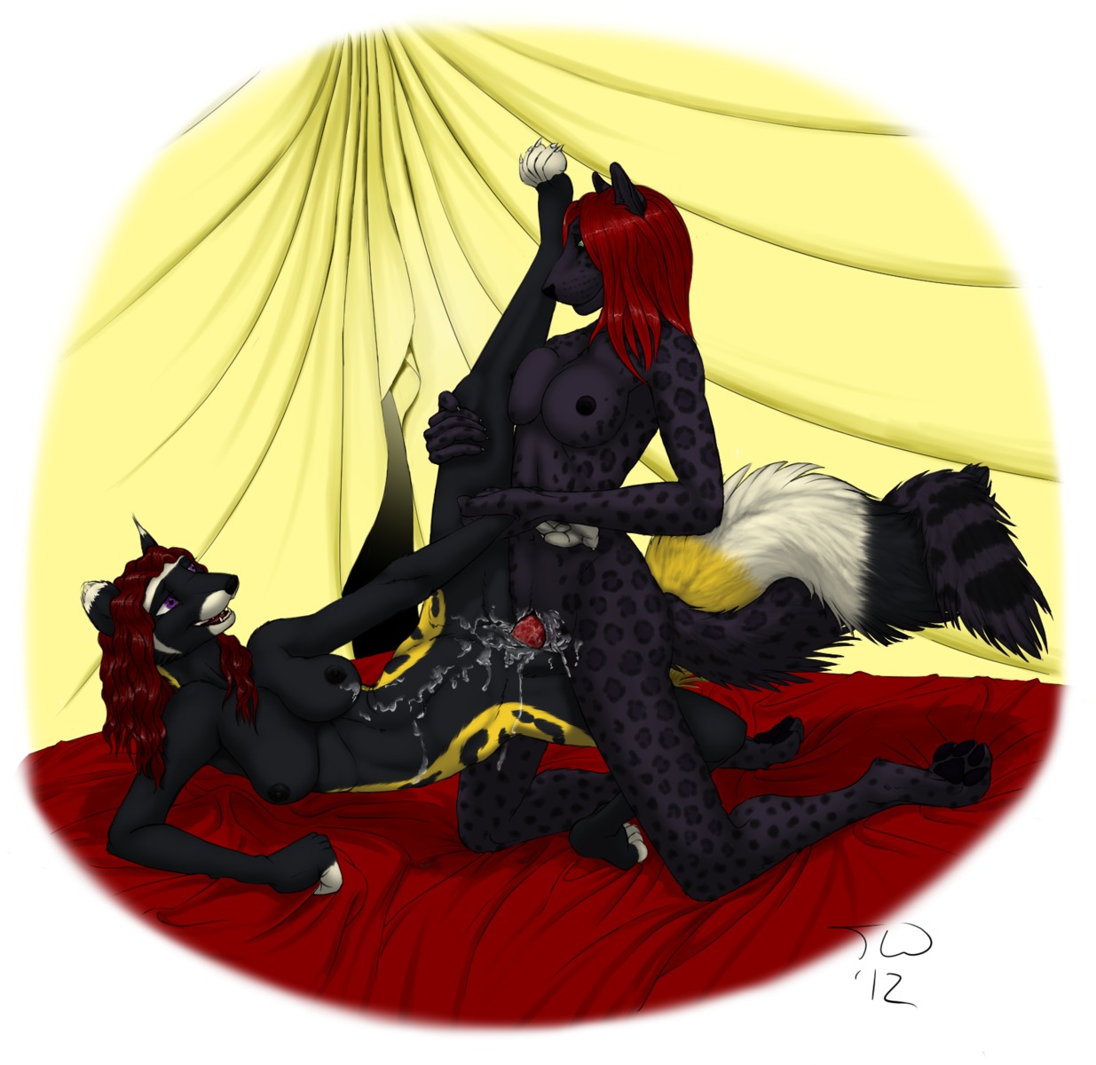 2012 animal_genitalia anthro anthro_on_anthro bed black_body black_fur black_nipples bodily_fluids breasts clothing cum cum_inside cum_on_belly cum_on_body cum_on_breasts duo e621 entwined_tails erection eye_contact felid female fur furniture genital_fluids genitals gynomorph gynomorph/female gynomorph_penetrating hair hi_res ictonychine intersex intersex/female intersex_penetrating kneeling leg_glider_position legs_up looking_at_another lying mammal marbled_polecat mustelid musteline nipples nude on_side pantherine penetration penis polecat_(mustelid) raised_leg sex shaded sheath spots suzari tail tail_between_legs tail_coil treeweasel vaginal vaginal_penetration