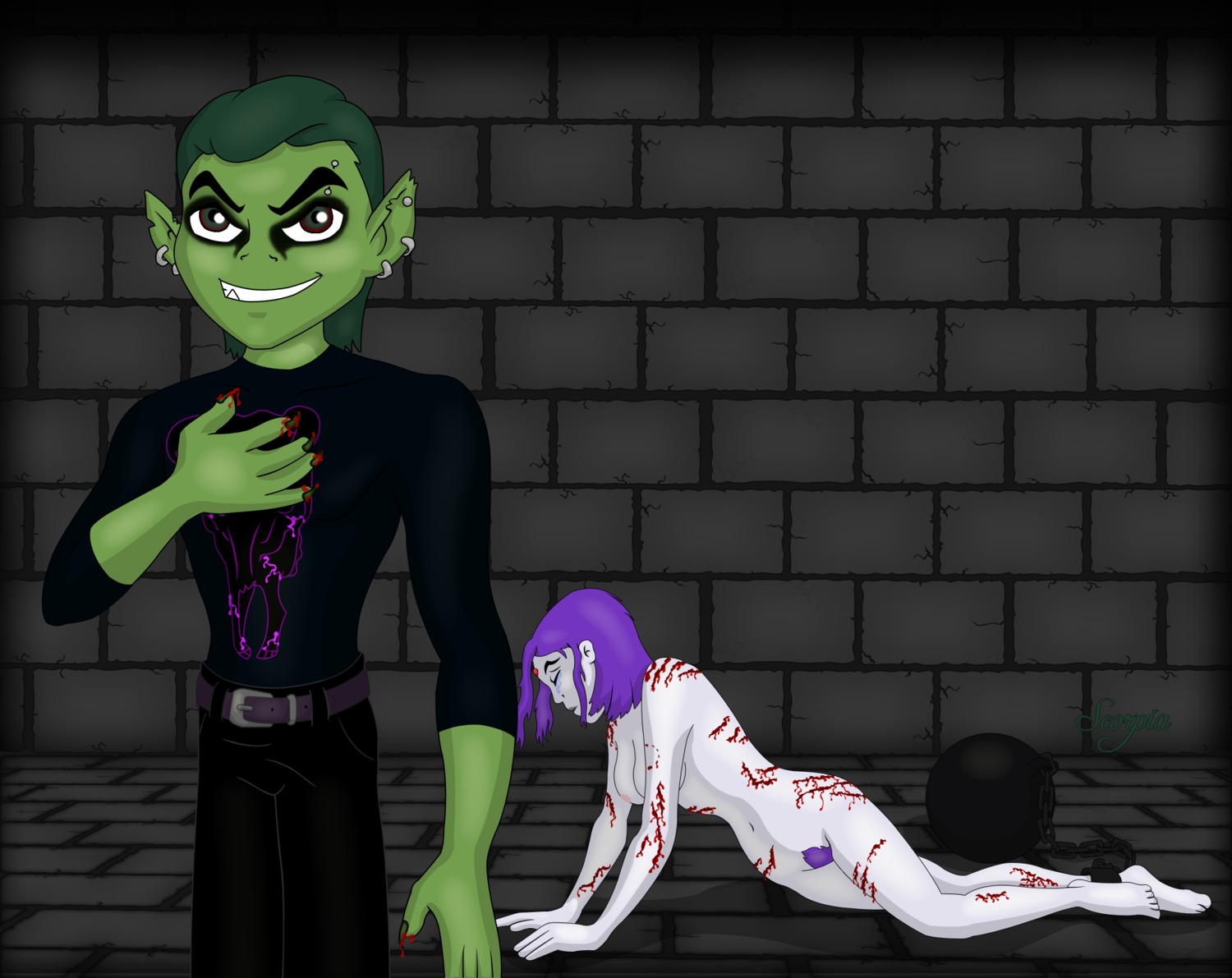 beast_boy beaten blood dc dc_comics female male purple_hair rachel_roth raven_(dc) rule34 scorpia straight straight_hair teen_titans torture whip_marks whipped