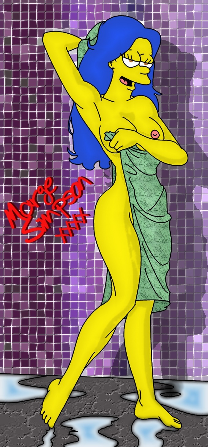 4_fingers 4_toes big_breasts blue_hair breasts brown_eyes character_name color female female_only hair_down holding_object huge_eyes human indoors long_hair looking_at_viewer marge_simpson matt_groening_(style) nipples open_mouth pink_nipples rule34 solo standing tagme text the_simpsons toony towel water yellow_skin