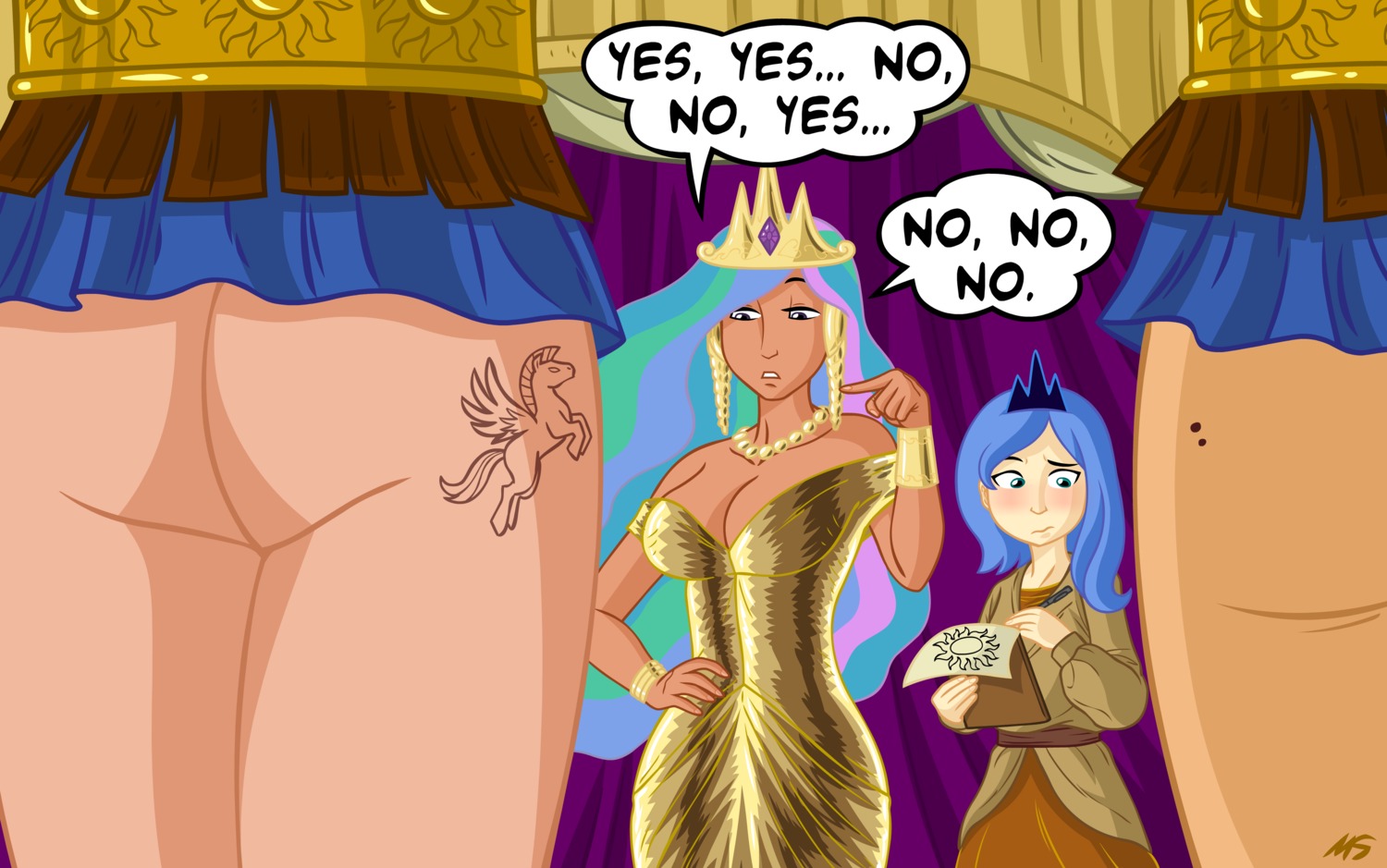 ass female friendship_is_magic humanized male megasweet my_little_pony princess_celestia_(mlp) princess_luna_(mlp) royal_guard_(mlp) rule34 skirt smooth_skin tattoo