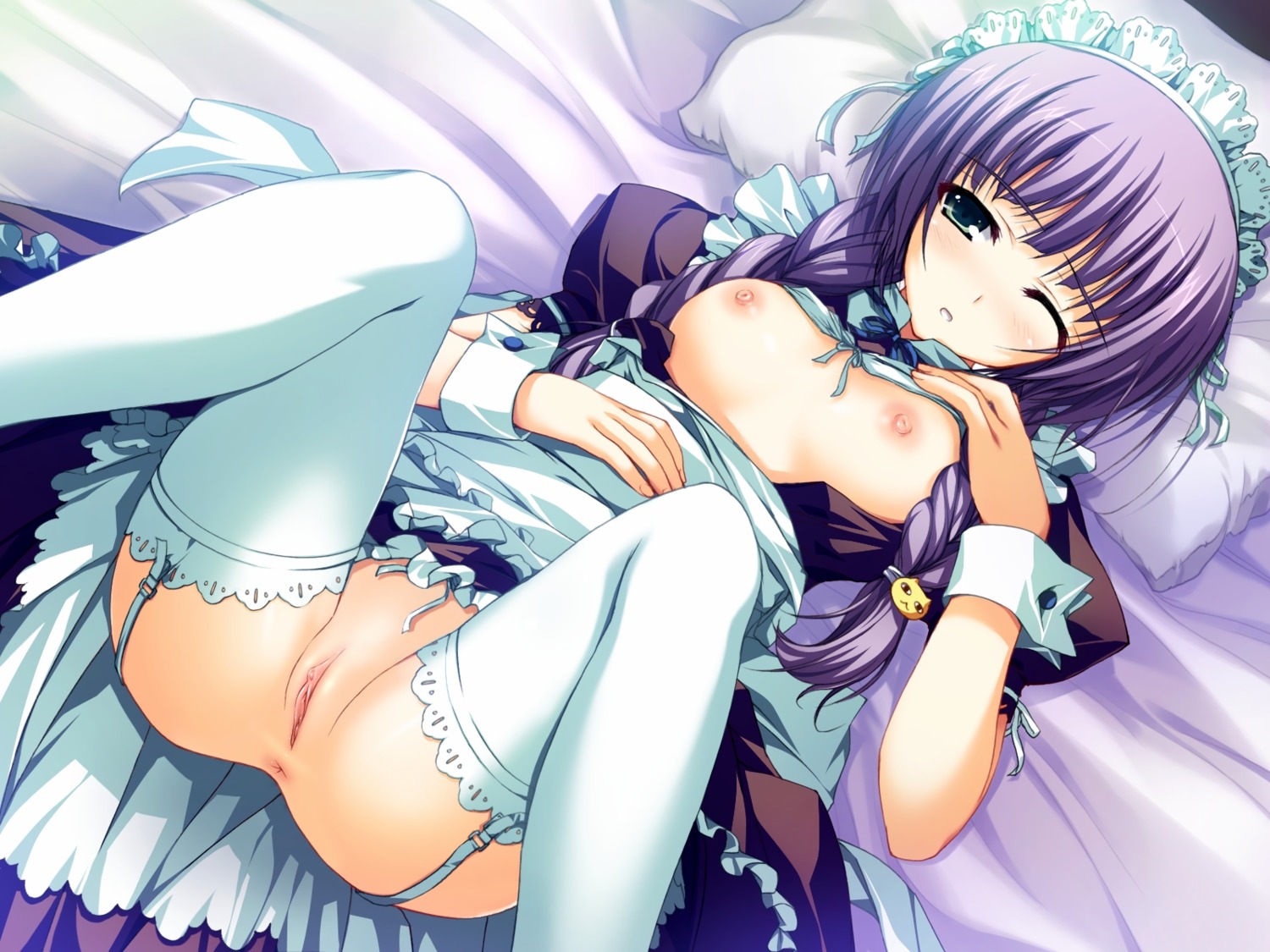 1girls akatsuki_no_goei anus bed blush braid breasts female female_only game_cg garter_straps green_eyes hair_ribbon highres lace lace-trimmed_thighhighs maid maid_headdress nipples no_panties on_back pillow purple_hair pussy ribbon rule34 solo thighhighs tomose_shunsaku tsuki_(akatsuki_no_goei) twin_braids uncensored white_legwear white_thighhighs wink wrist_cuffs