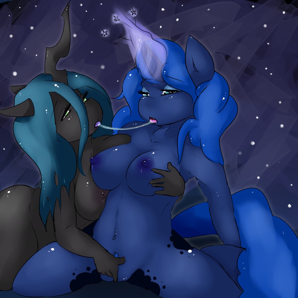 1:1 2014 anthro anthrofied arthropod bodily_fluids breasts changeling_(mlp) drooling duo e621 equid equine eyelashes female female/female fingering friendship_is_magic genitals hair hasbro horn interspecies mammal my_little_pony mythological_creature mythological_equine mythology navel nepkari nipples nude penetration princess_luna_(mlp) queen_chrysalis_(mlp) saliva side_boob sitting spread_legs spreading unicorn vaginal vulva