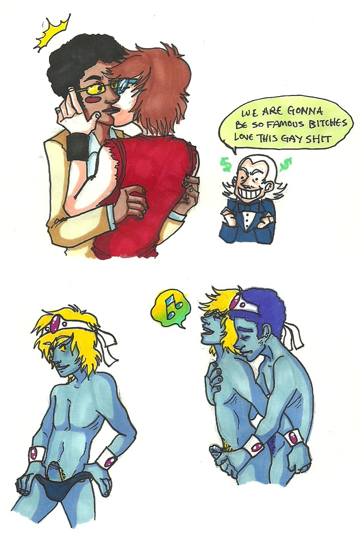 2boys alien black_hair blonde_hair blue_skin gay human male male_only musical_note nude nudity penis pubic_hair rule34 text white_background yaoi