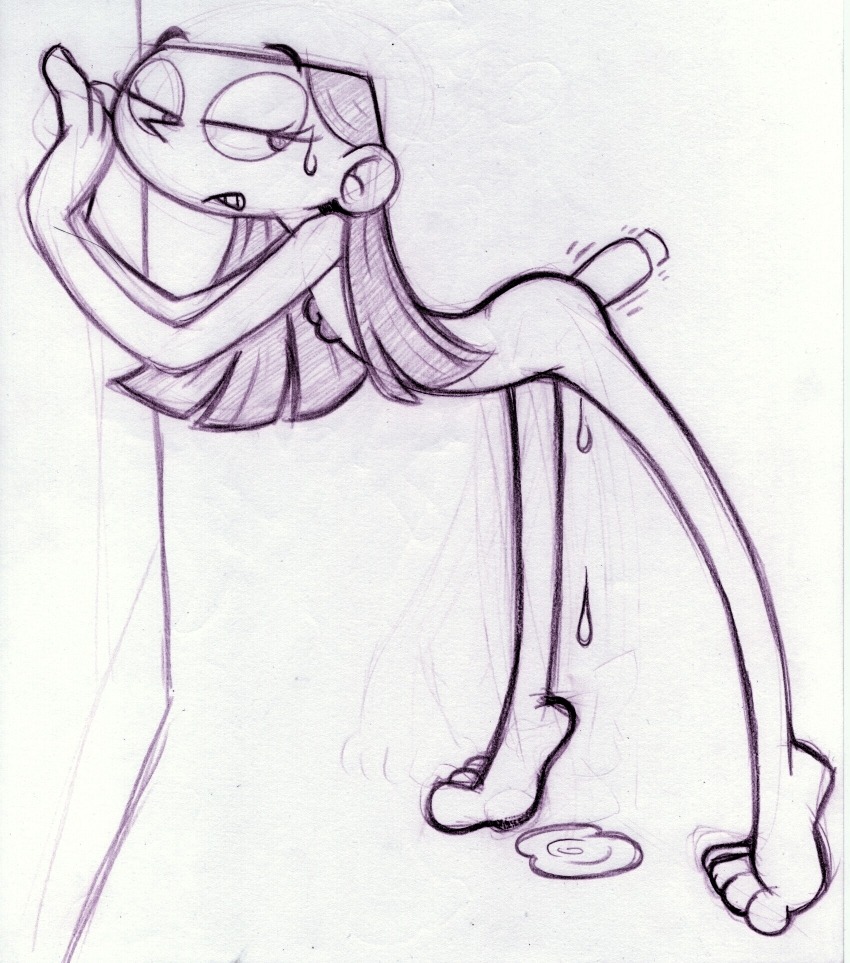 bent_over cartoon_network dee_dee_(dexter's_laboratory) dexter's_laboratory female female_only flat_chest huge_eyes human king-cheetah masturbation monochrome nipples nude pussy pussy_juice rule34 side_view solo straight_hair tagme toony wide_head