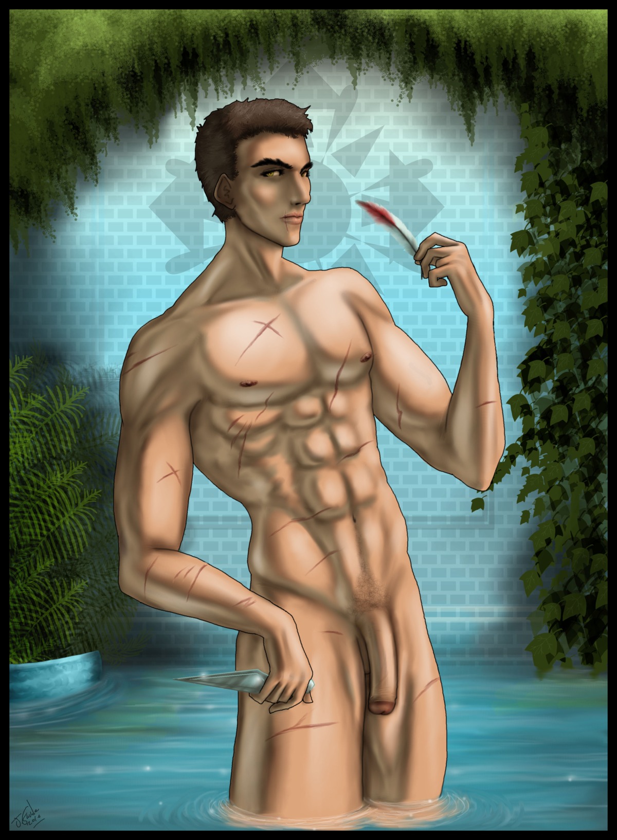 1boy altair_ibn_la-ahad assassin's_creed assassin's_creed_(series) blood feather flaccid jgaude male male_only nude penis rule34 scar tagme ubisoft water